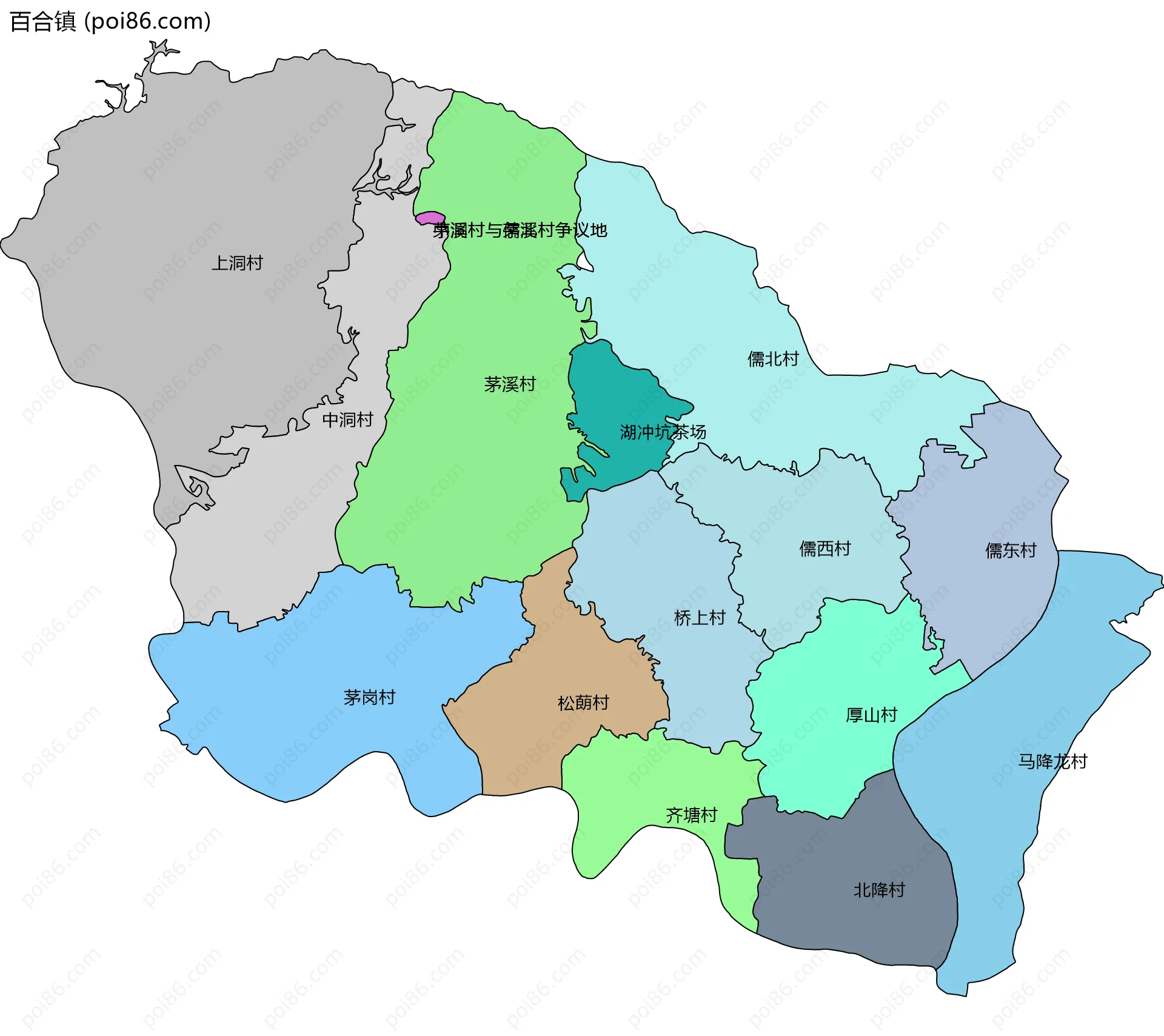 百合镇边界地图(五级行政区划)