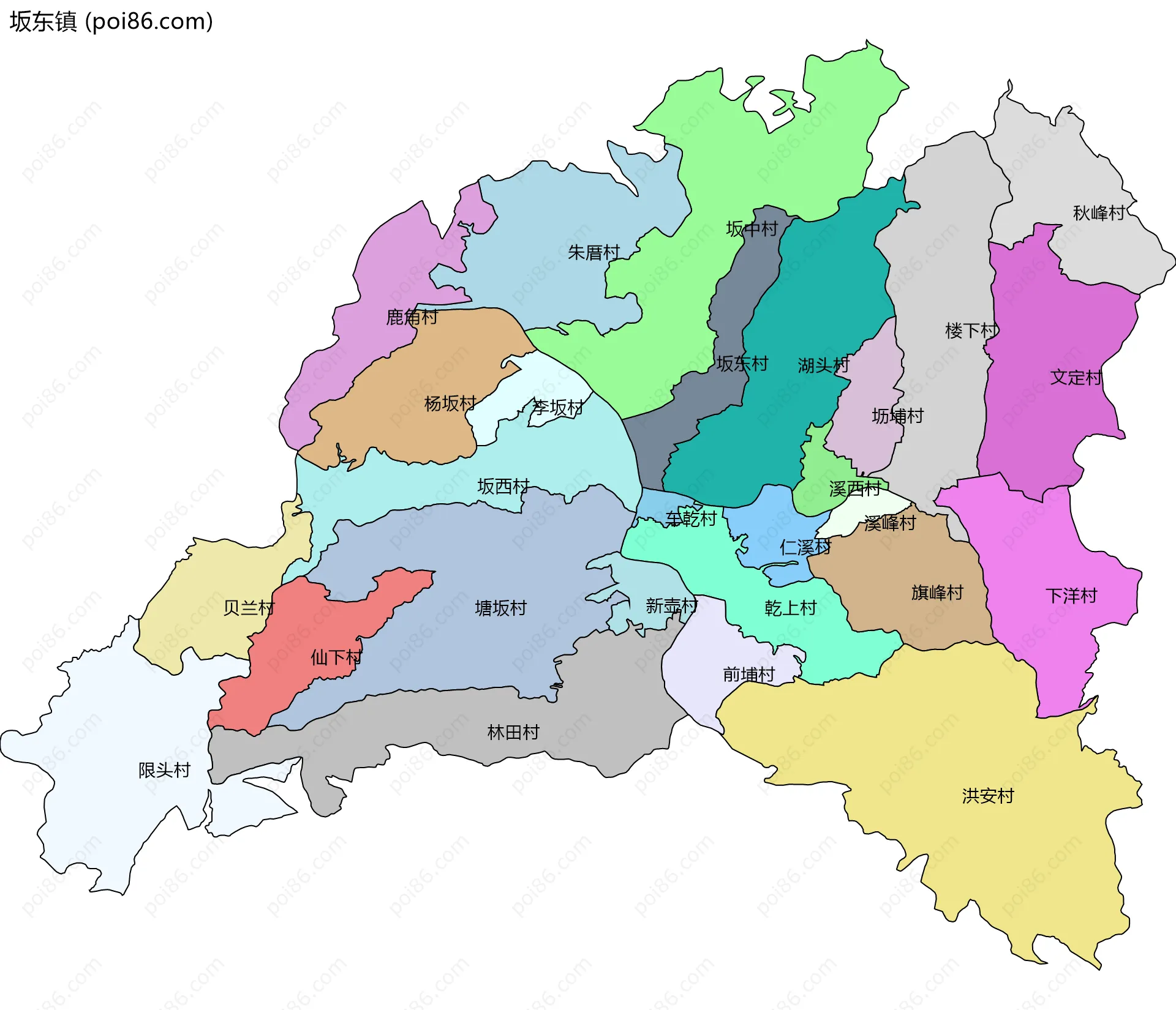 坂东镇边界地图(五级行政区划)