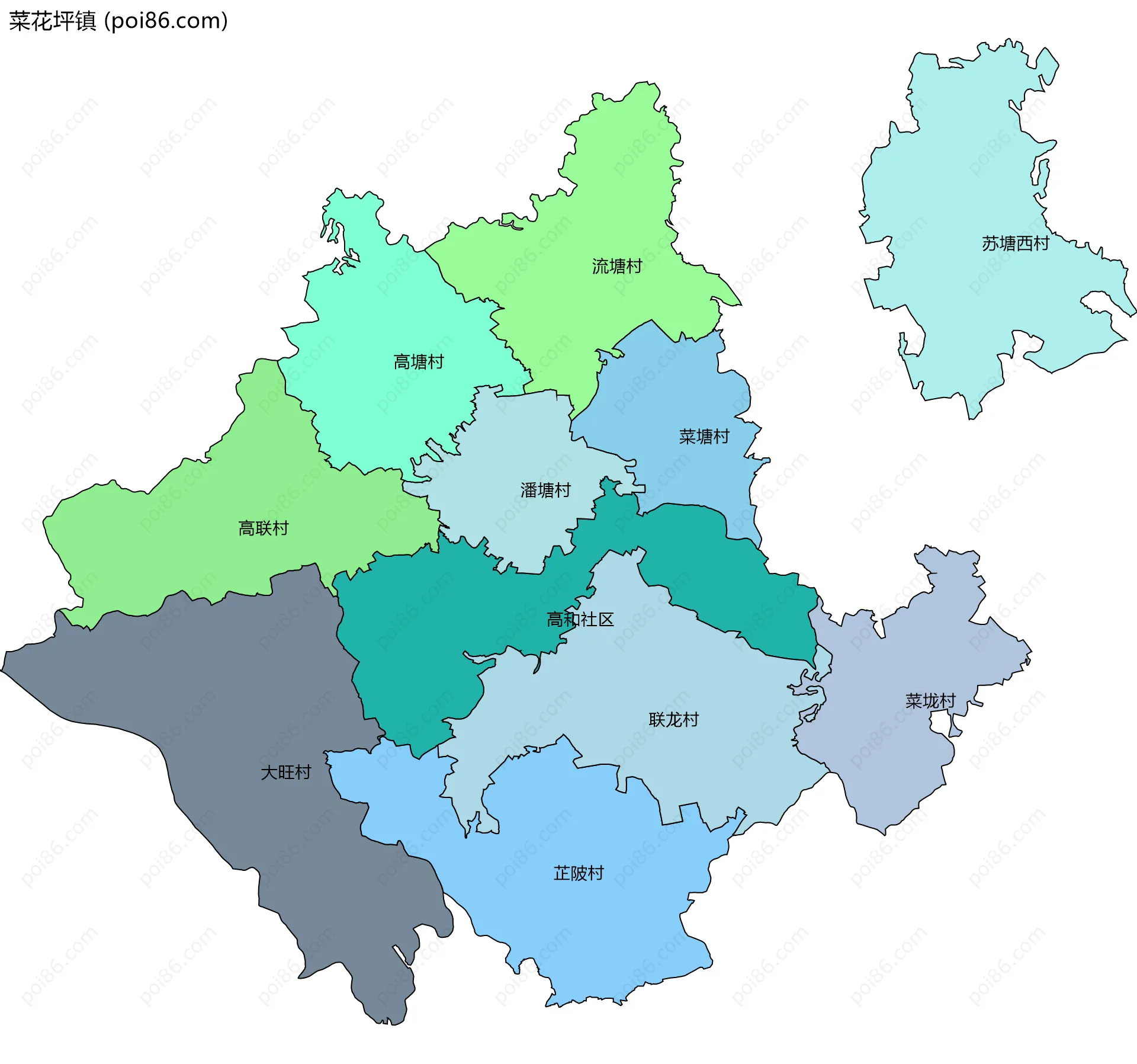 菜花坪镇边界地图(五级行政区划)