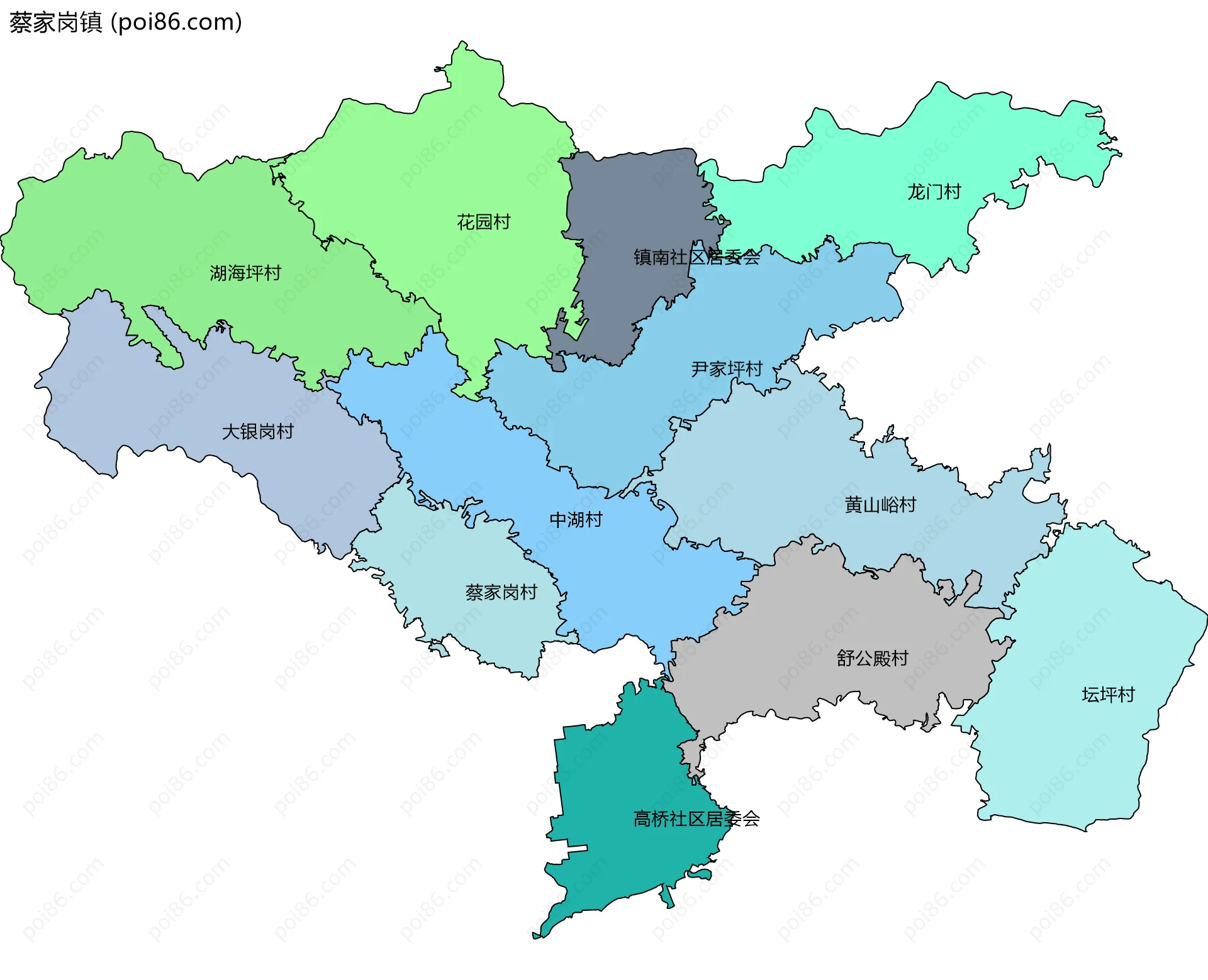 蔡家岗镇边界地图(五级行政区划)