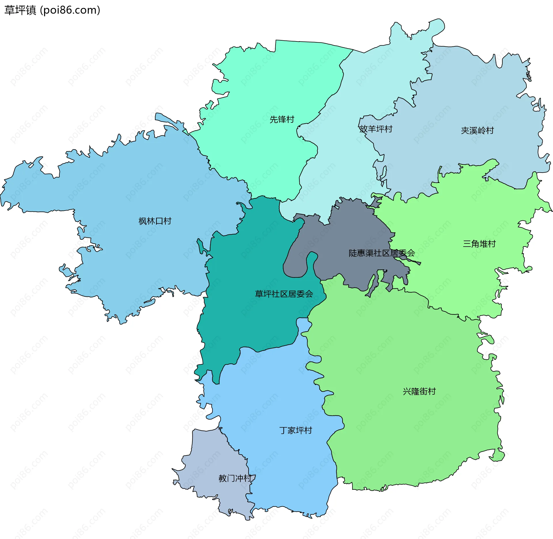 草坪镇边界地图(五级行政区划)