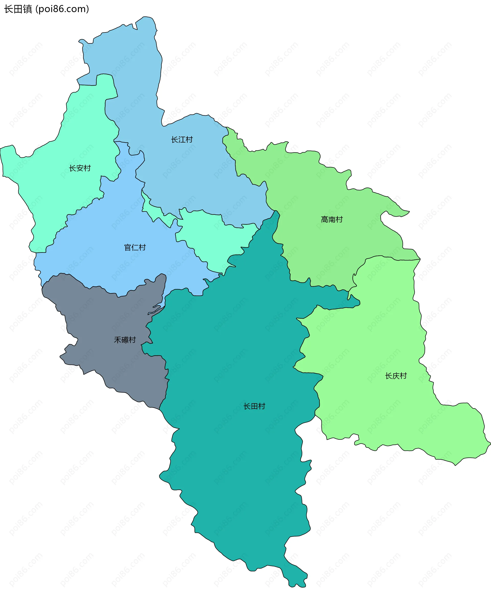 长田镇边界地图(五级行政区划)