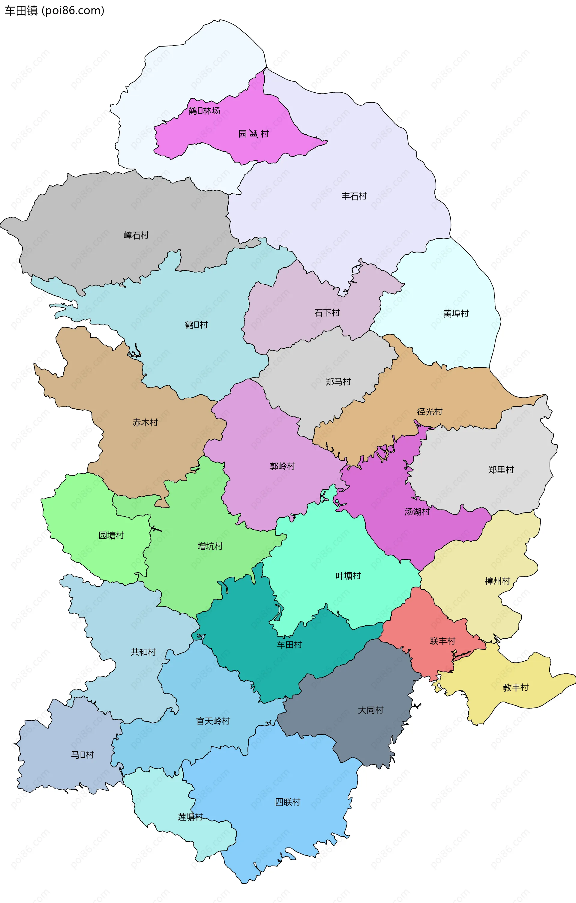 车田镇边界地图(五级行政区划)