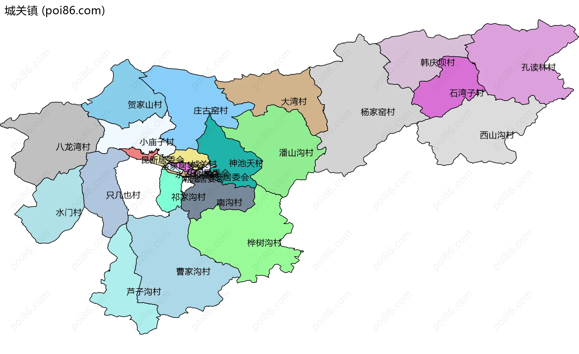 城关镇边界地图(五级行政区划)