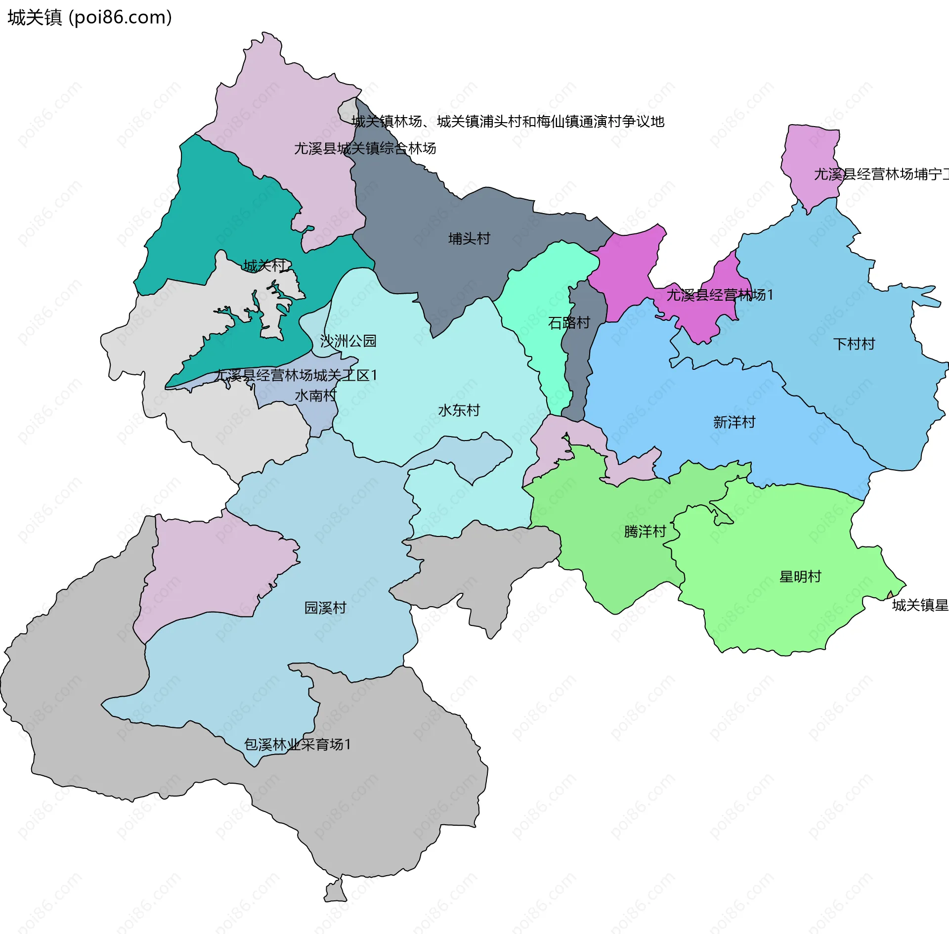 城关镇边界地图(五级行政区划)