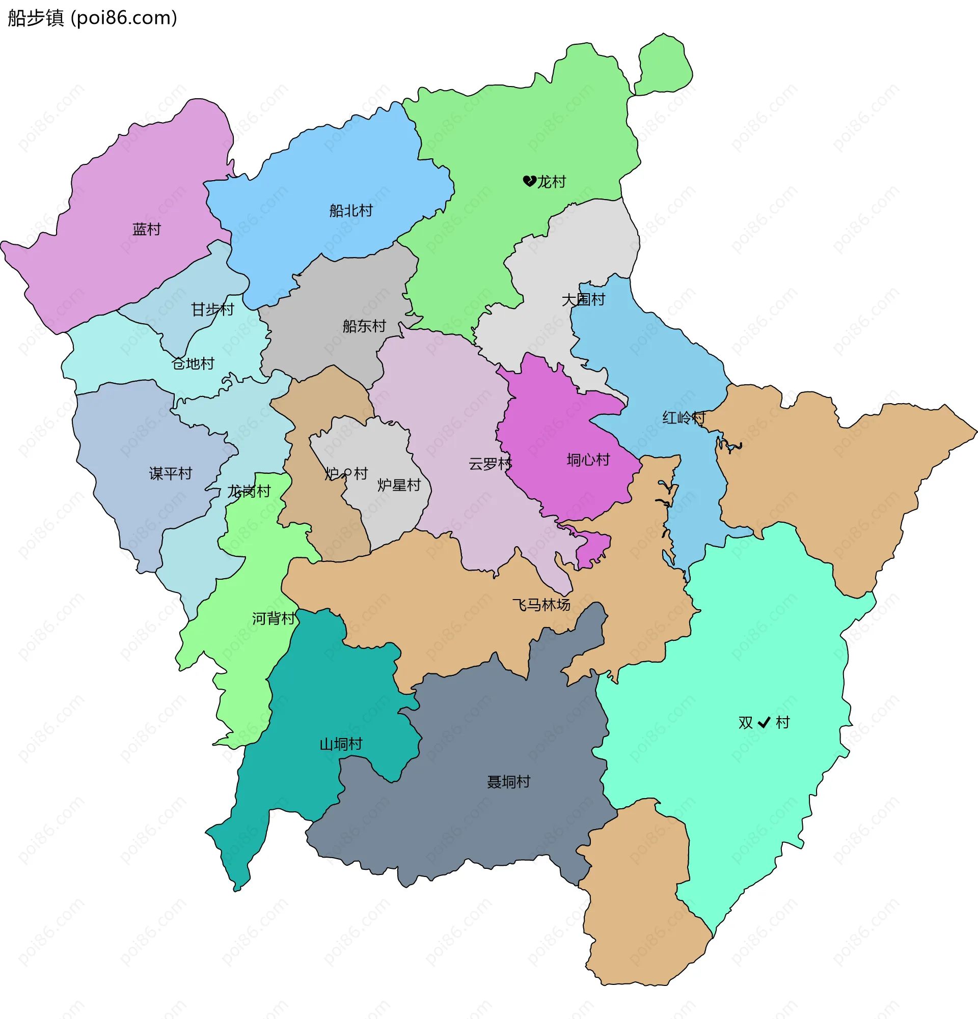 船步镇边界地图(五级行政区划)