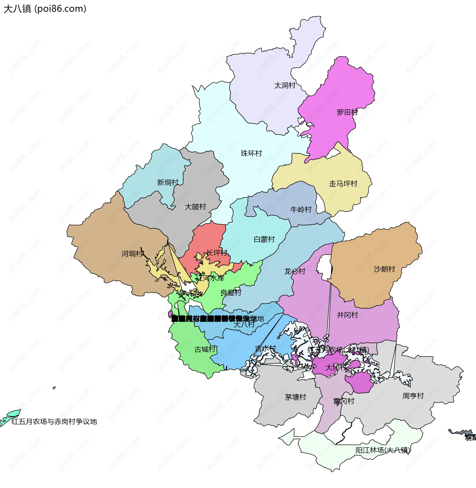 大八镇边界地图(五级行政区划)