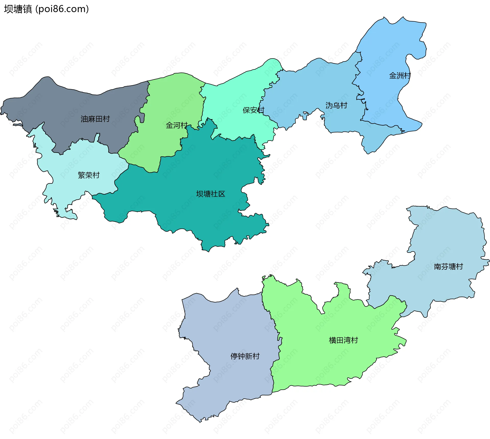 坝塘镇边界地图(五级行政区划)