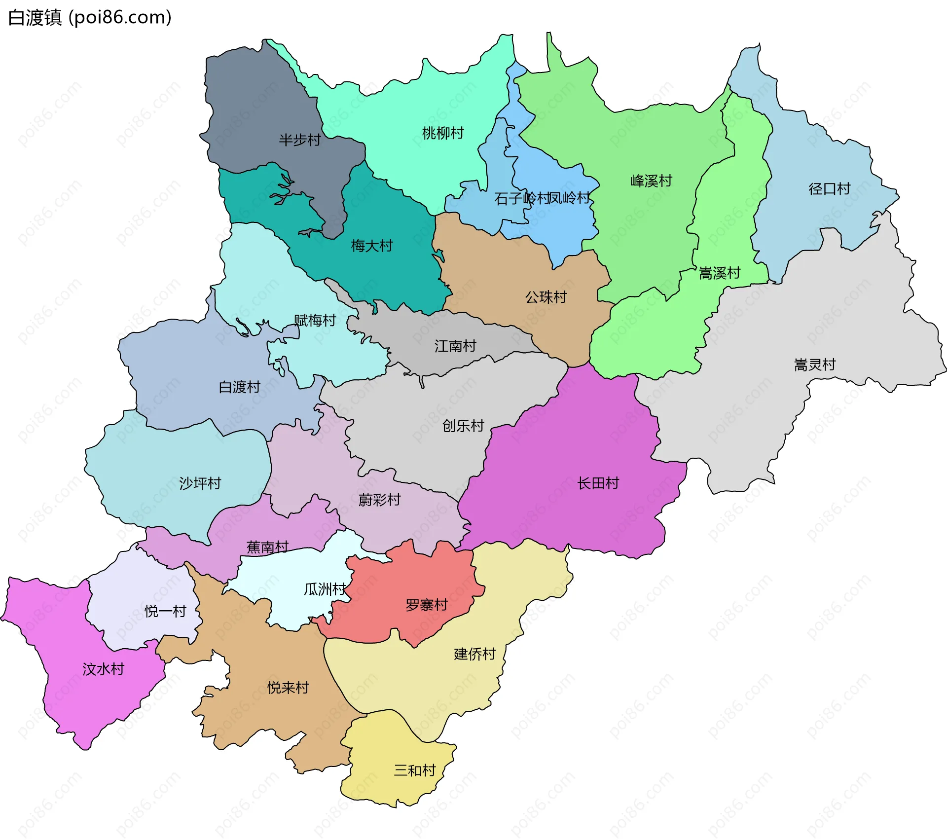 白渡镇边界地图(五级行政区划)