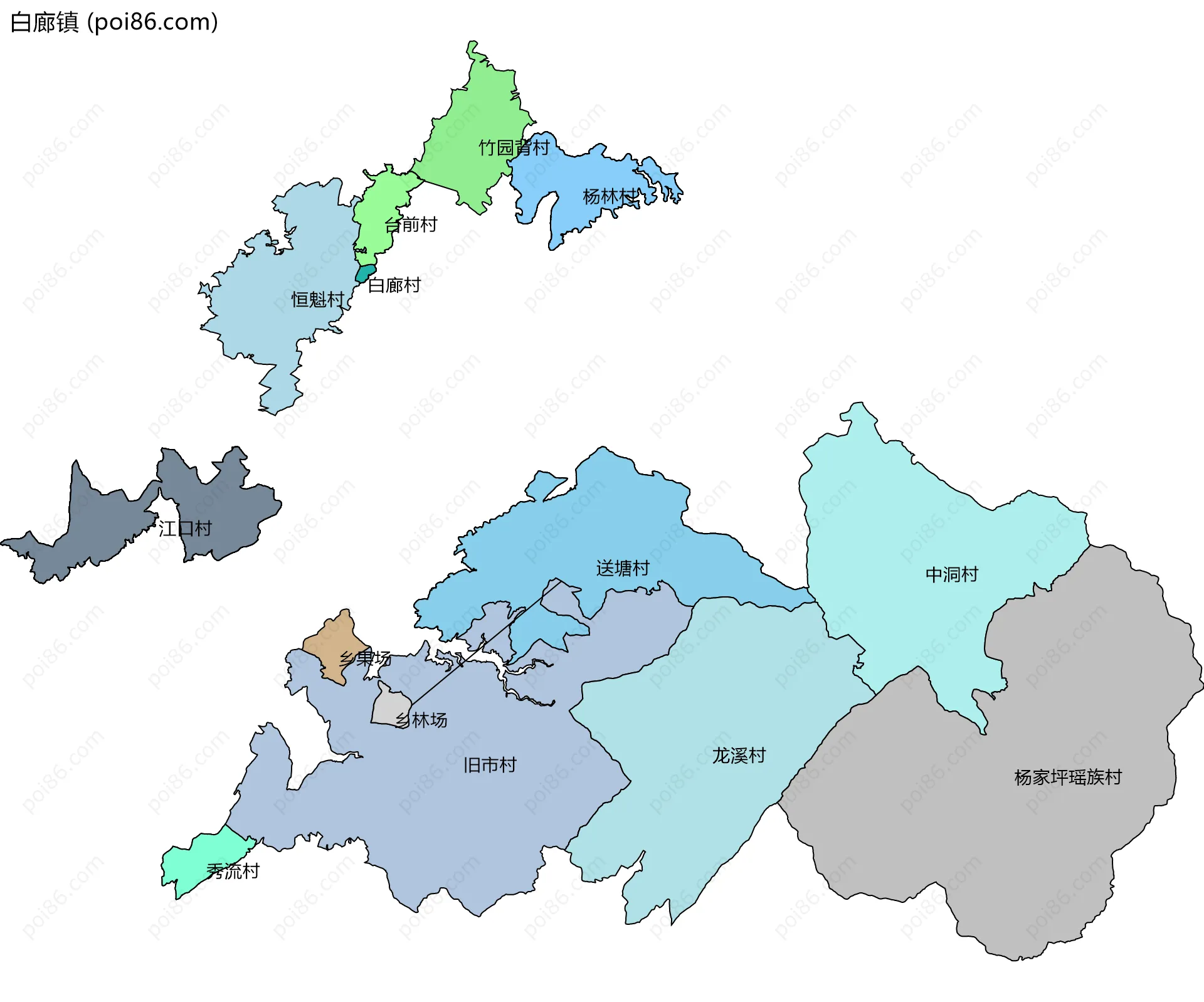 白廊镇边界地图(五级行政区划)