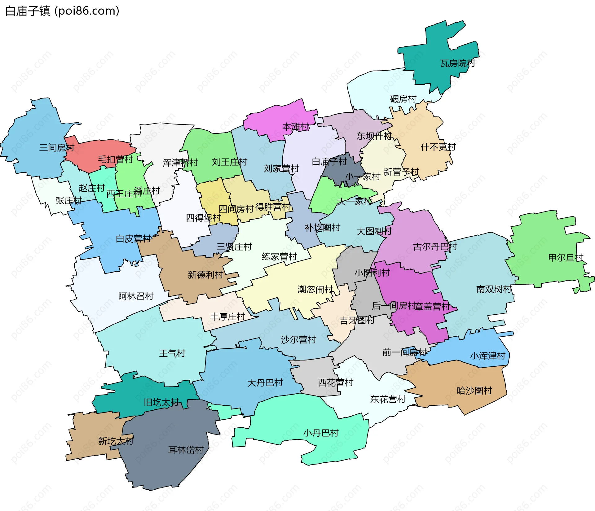 白庙子镇边界地图(五级行政区划)