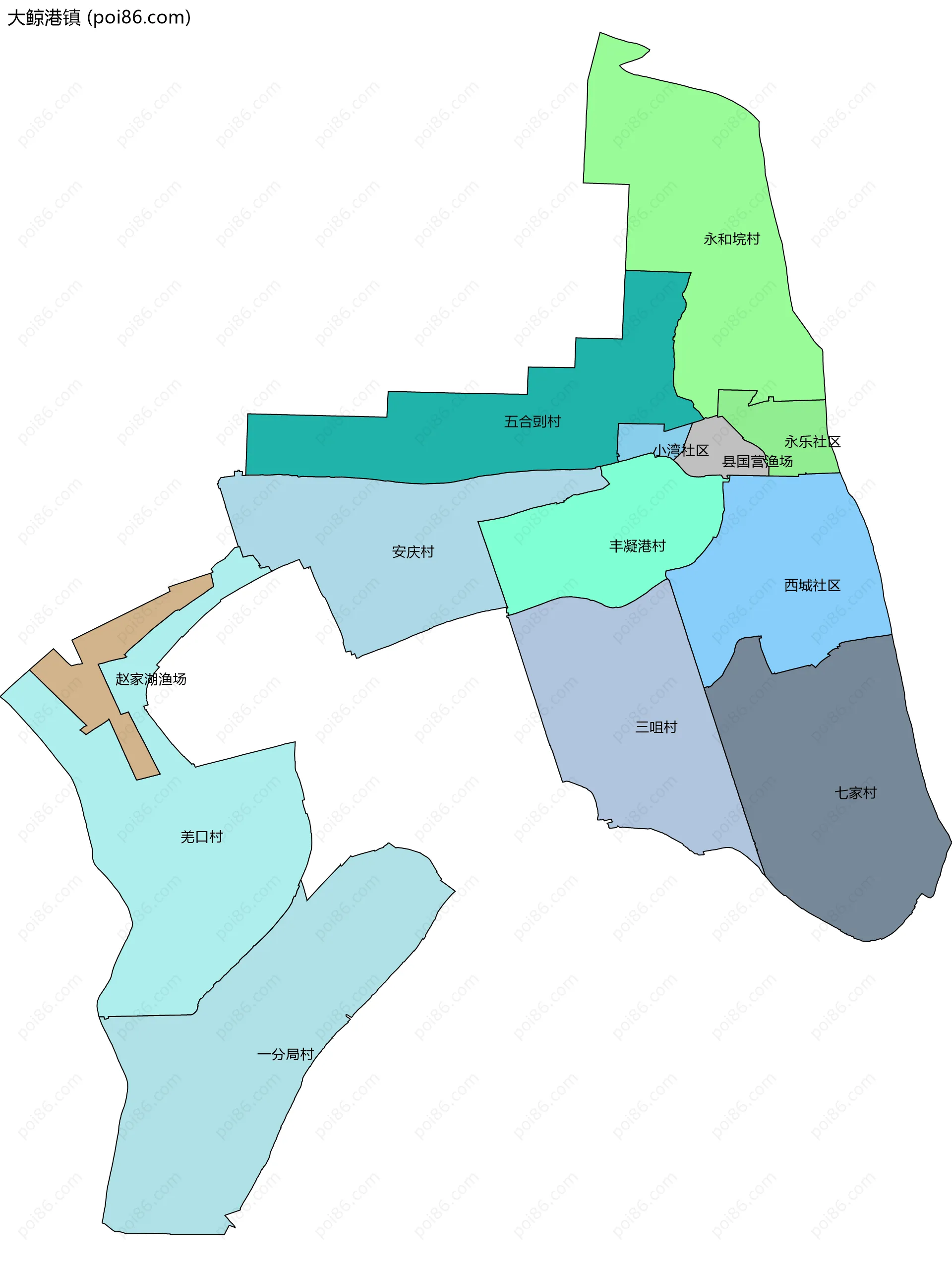 大鲸港镇边界地图(五级行政区划)
