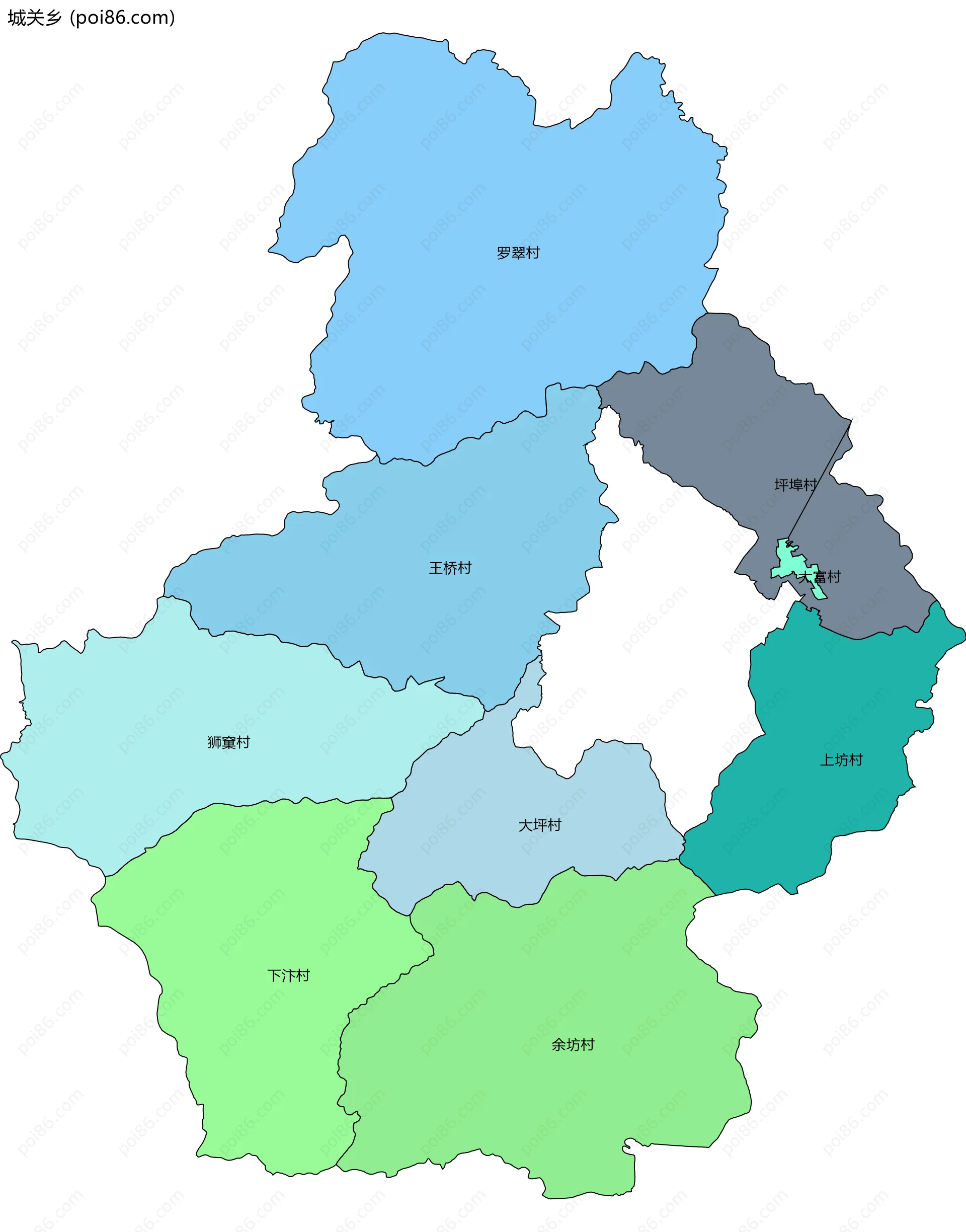 城关乡边界地图(五级行政区划)