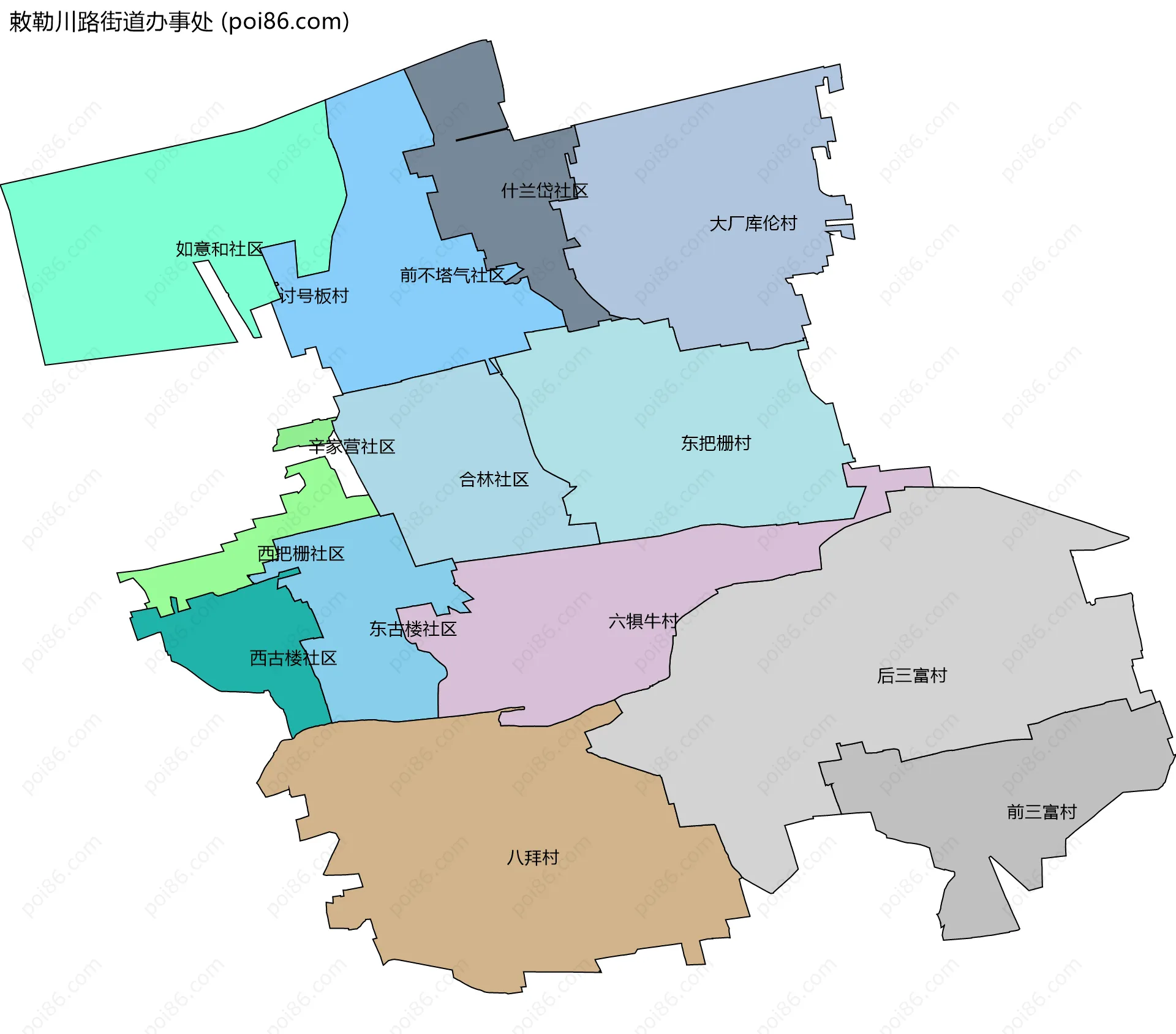 敕勒川路街道办事处边界地图(五级行政区划)