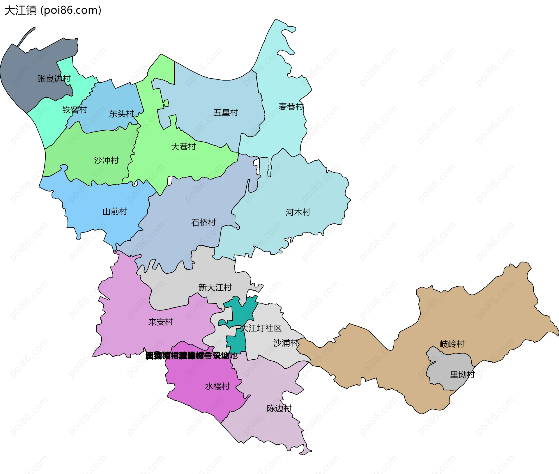大江镇边界地图(五级行政区划)