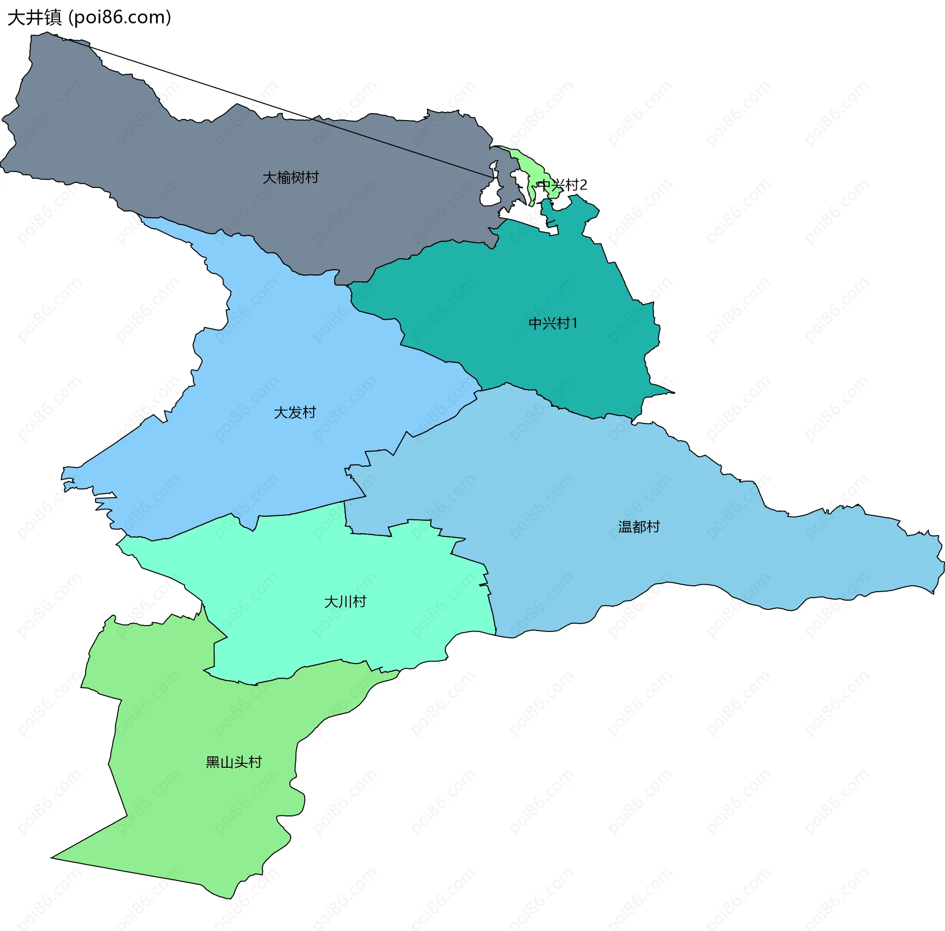 大井镇边界地图(五级行政区划)