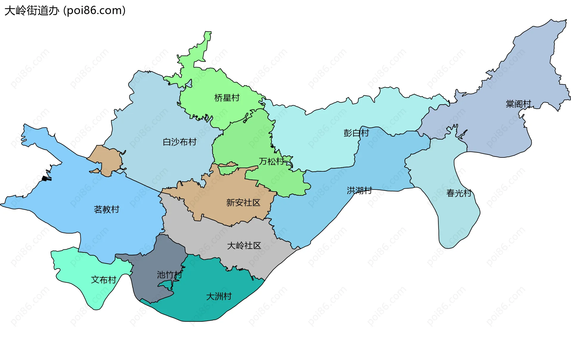 大岭街道办边界地图(五级行政区划)