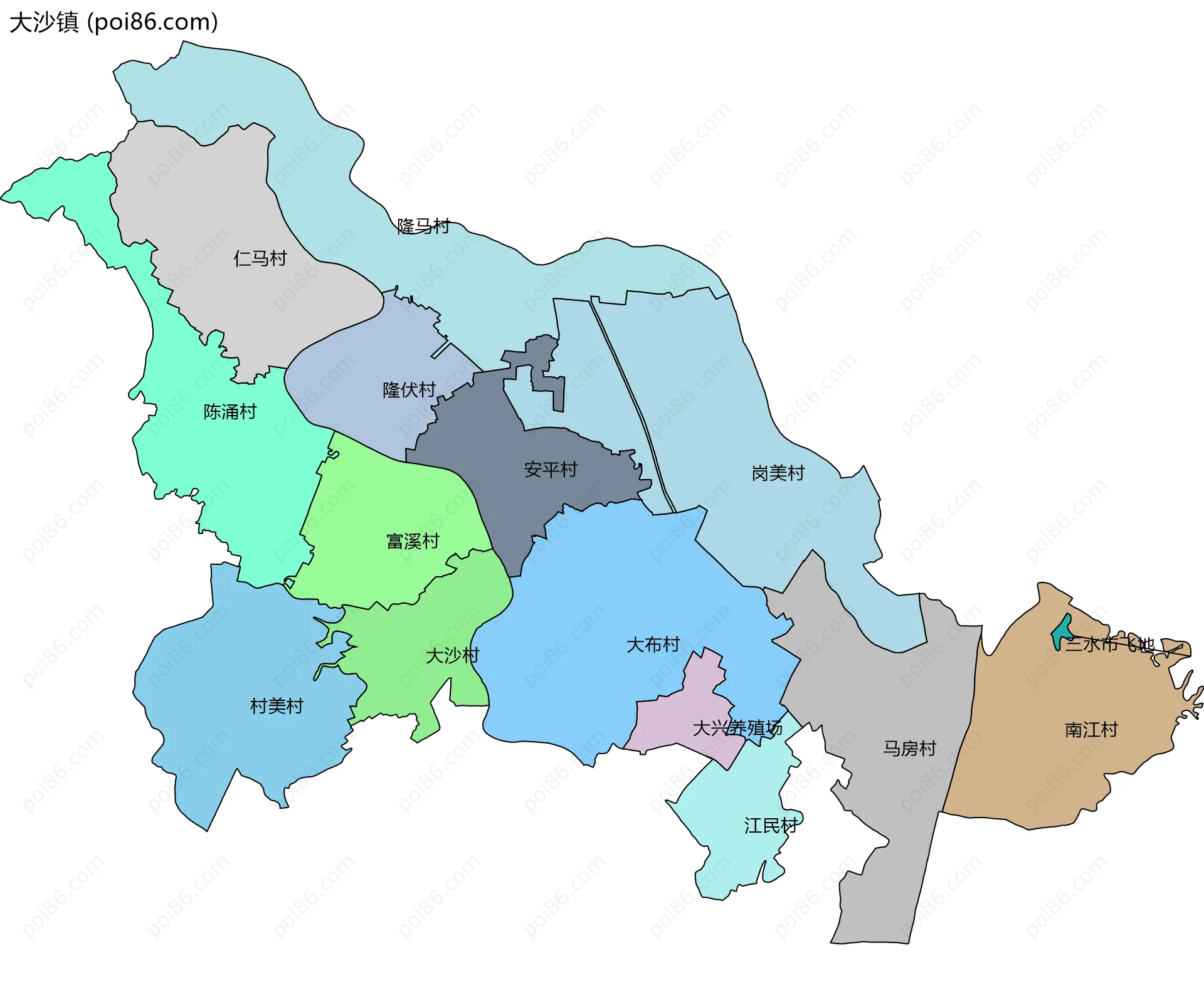 大沙镇边界地图(五级行政区划)