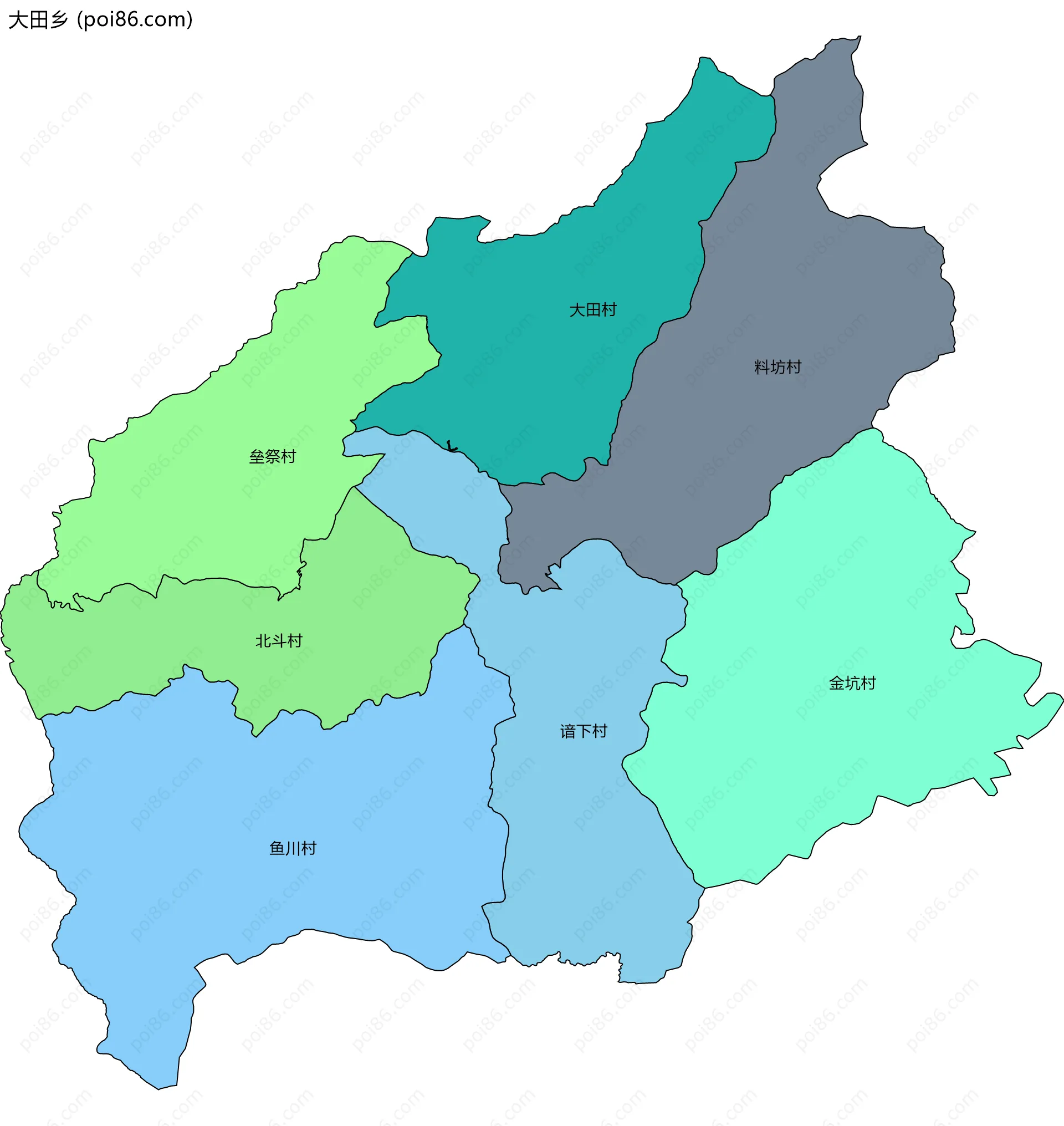 大田乡边界地图(五级行政区划)