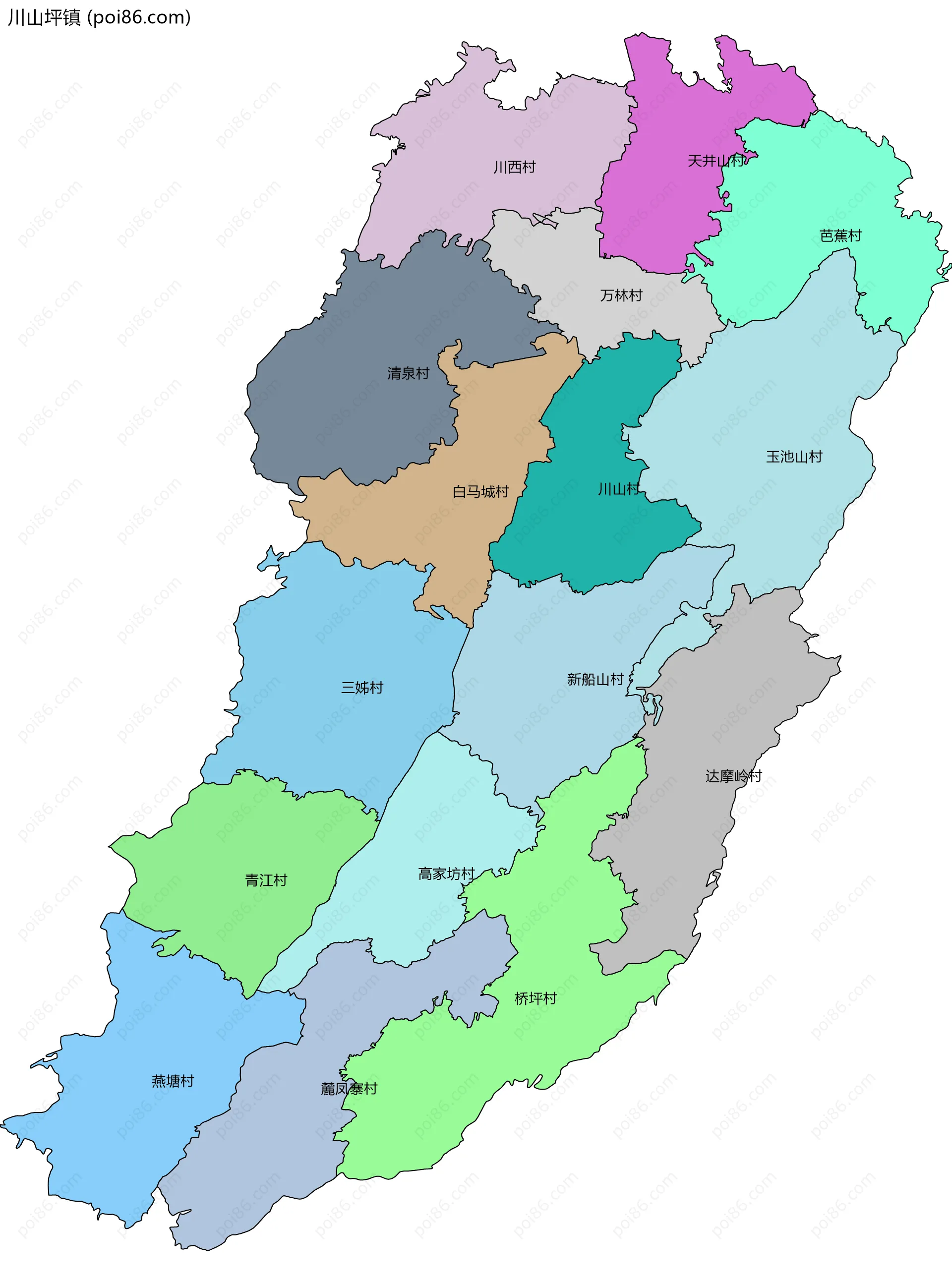 川山坪镇边界地图(五级行政区划)