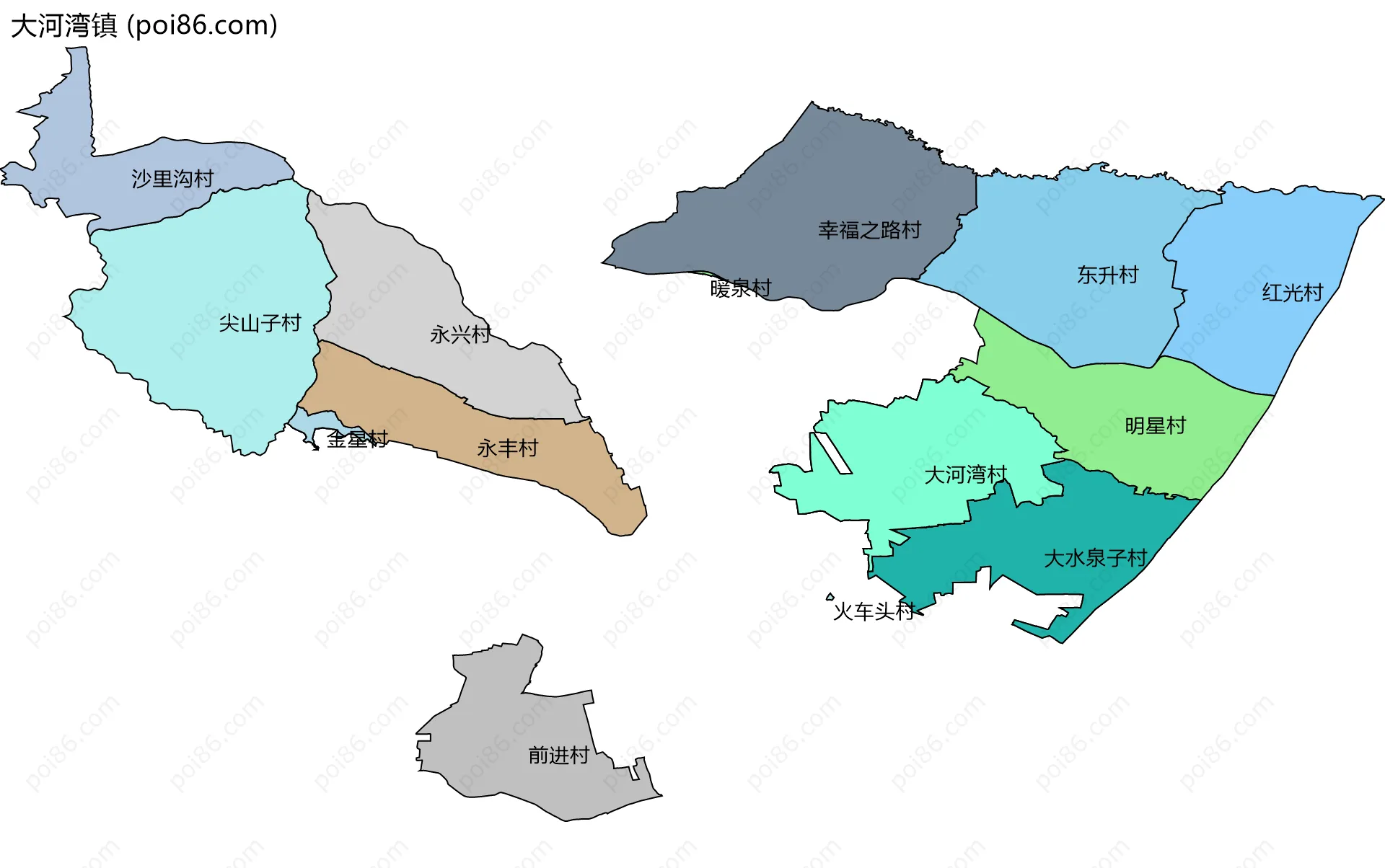 大河湾镇边界地图(五级行政区划)