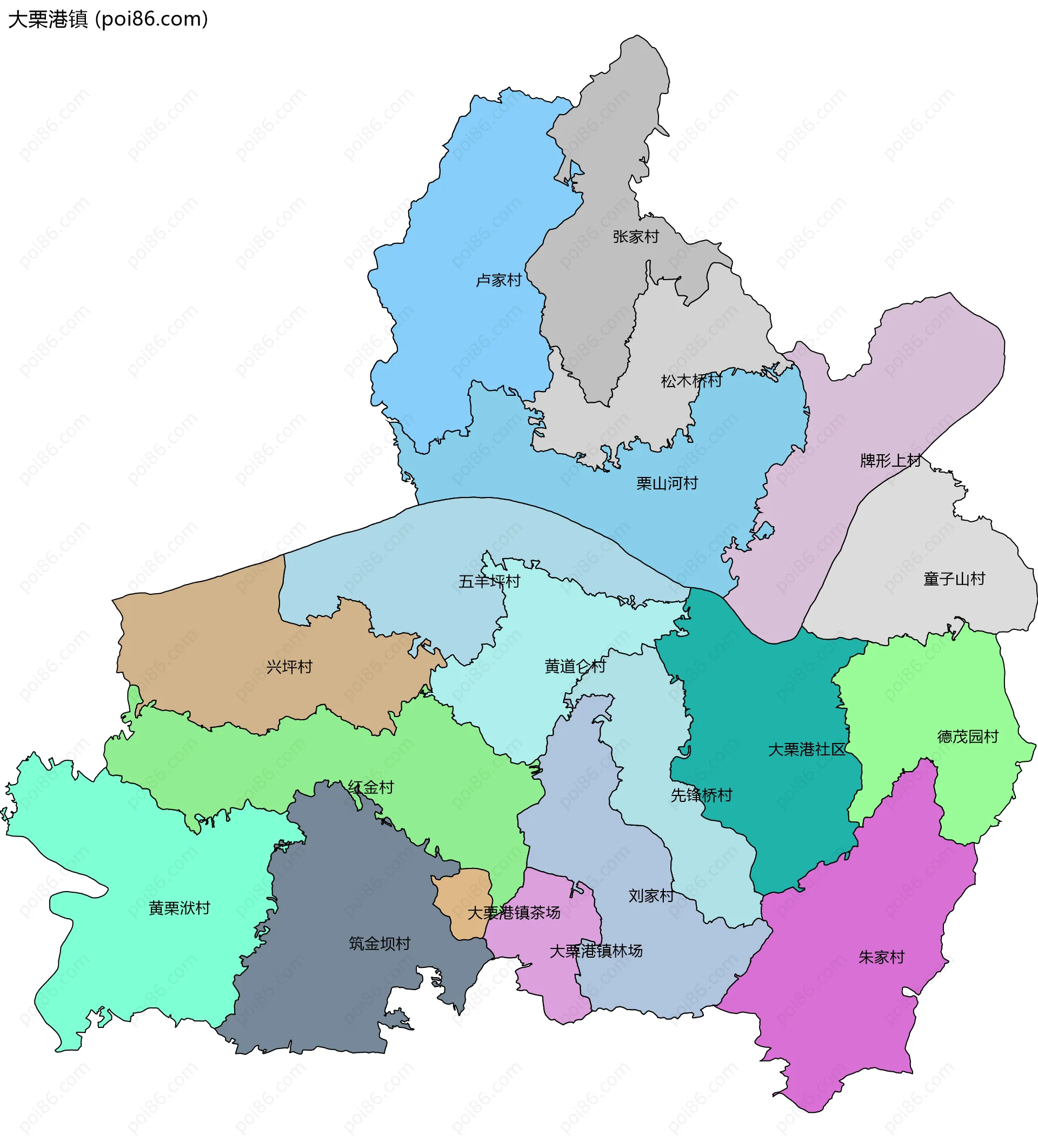 大栗港镇边界地图(五级行政区划)
