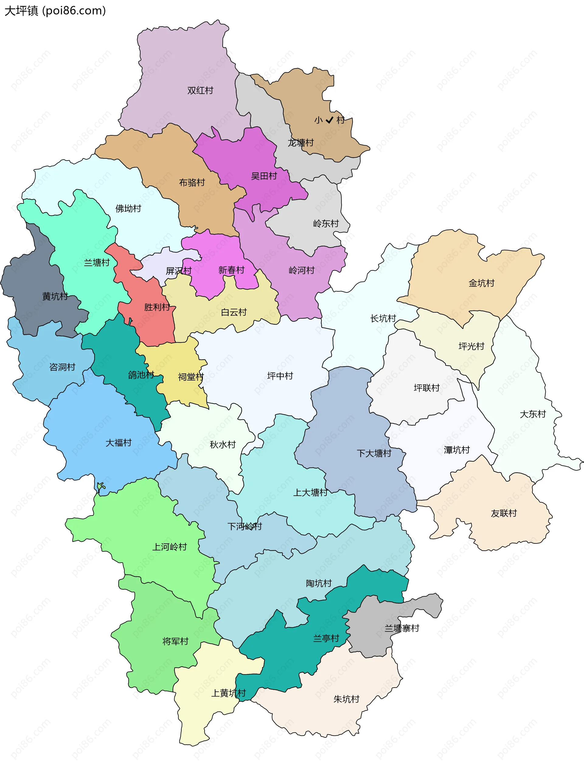 大坪镇边界地图(五级行政区划)