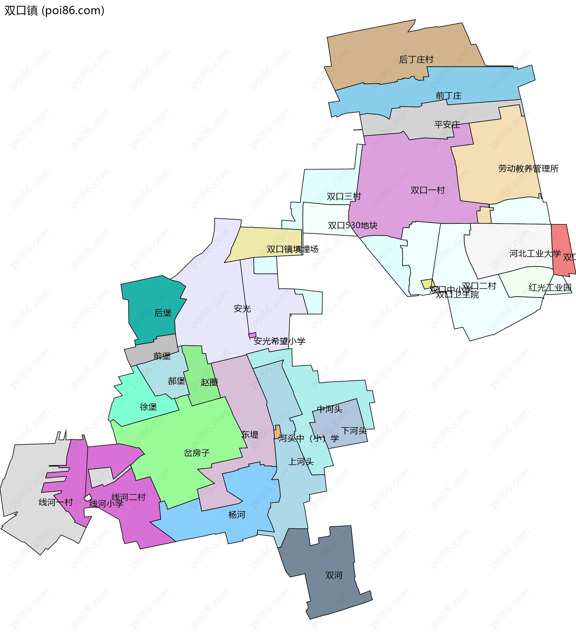 双口镇边界地图(五级行政区划)