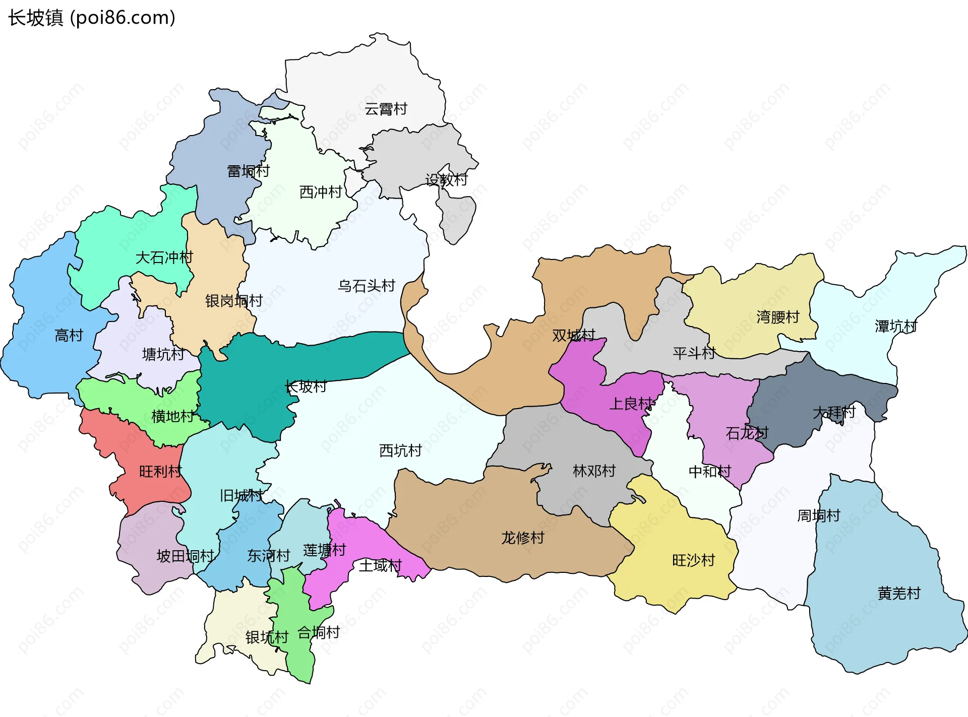 长坡镇边界地图(五级行政区划)