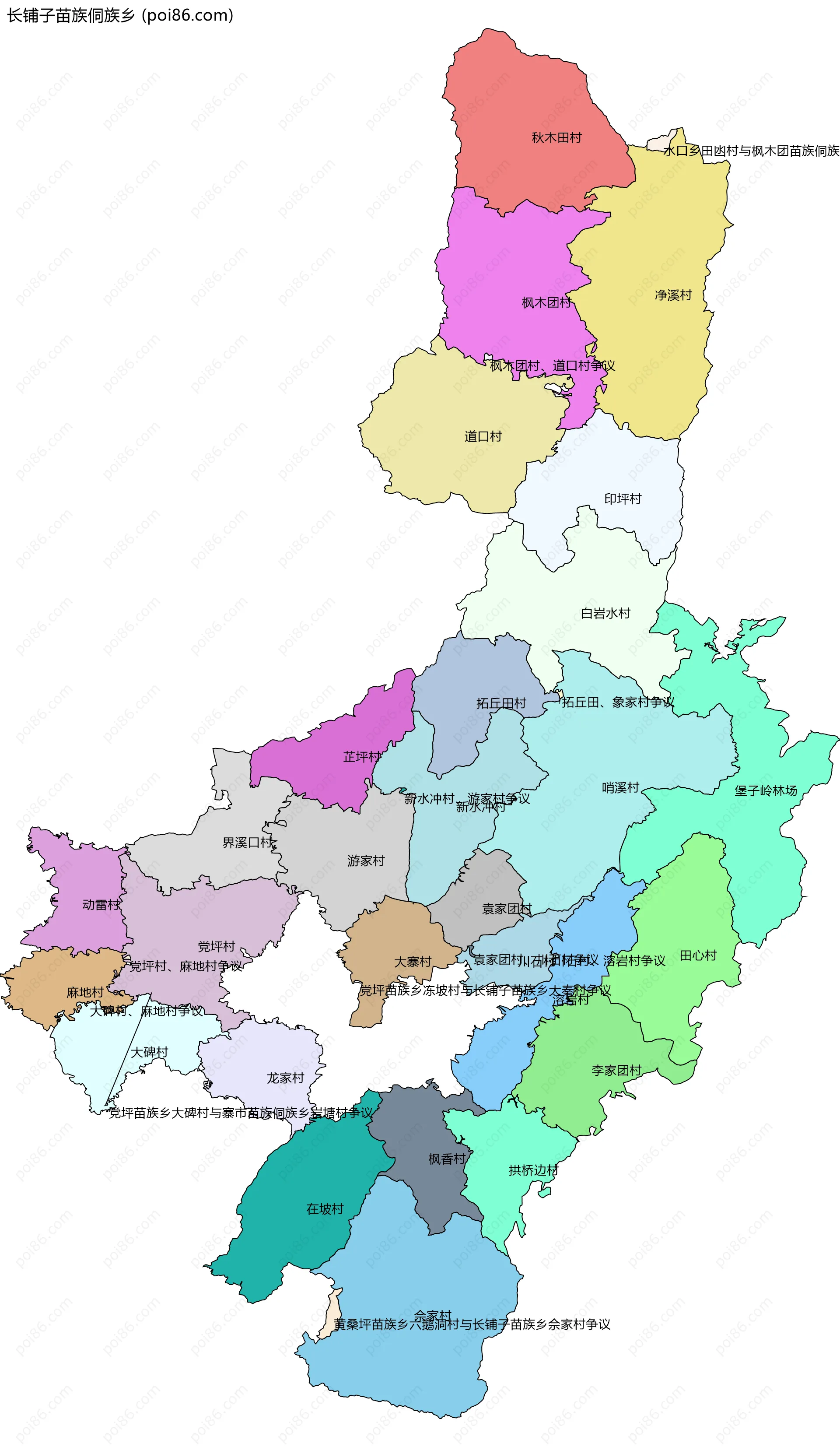 长铺子苗族侗族乡边界地图(五级行政区划)