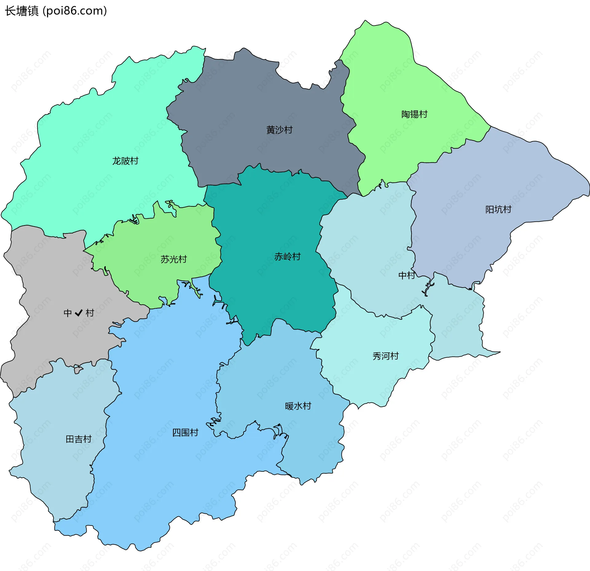 长塘镇边界地图(五级行政区划)
