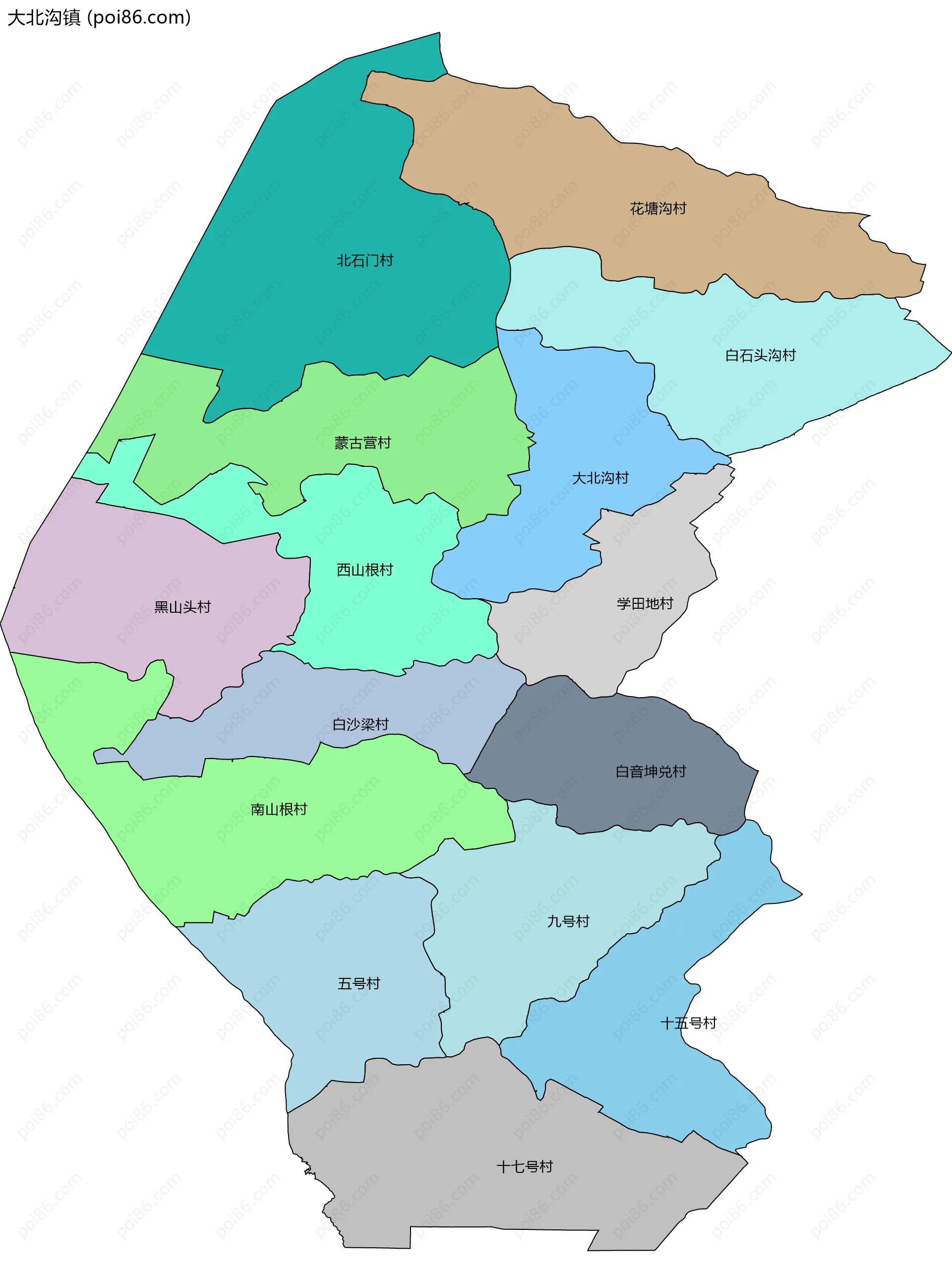 大北沟镇边界地图(五级行政区划)