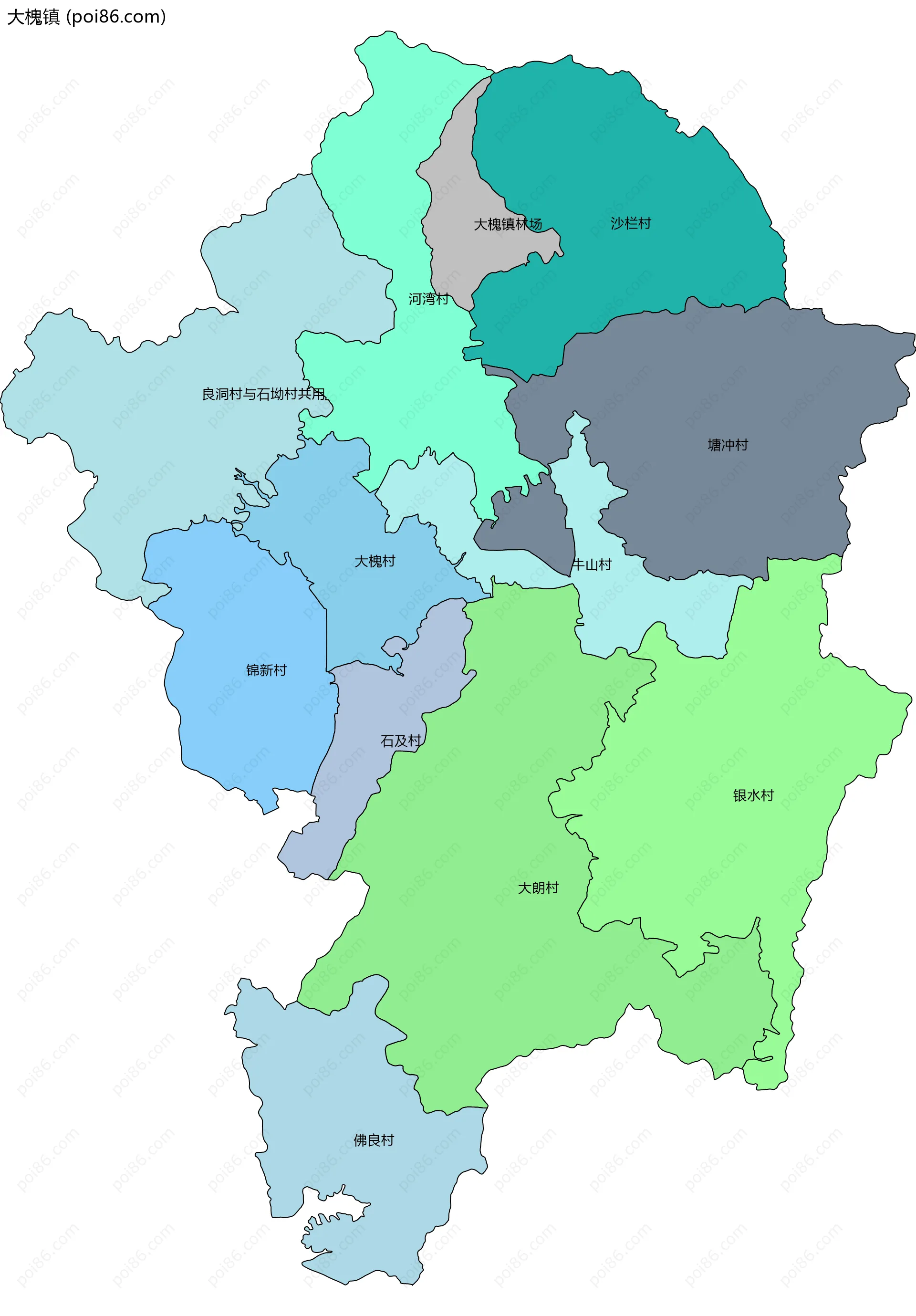 大槐镇边界地图(五级行政区划)