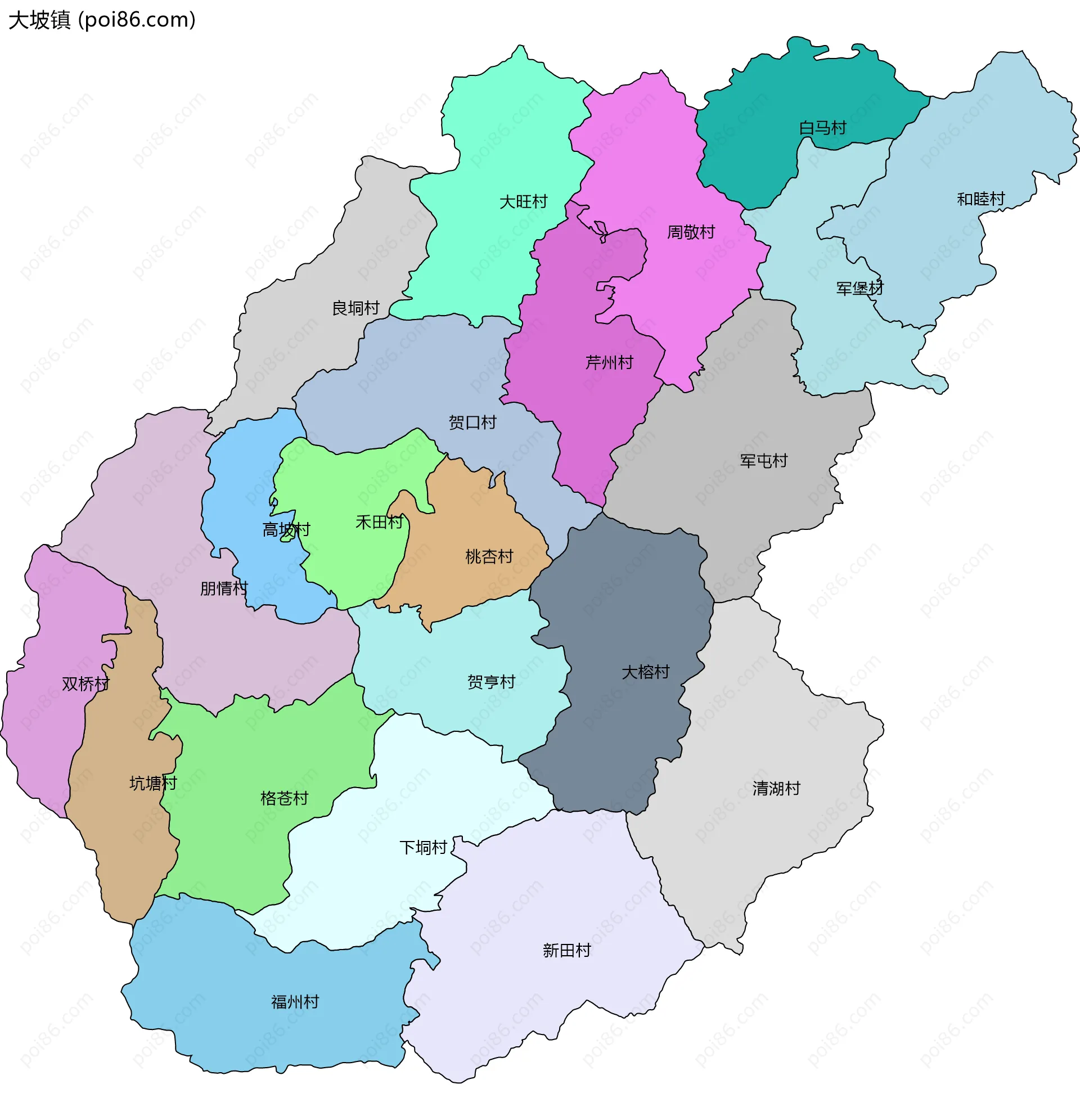 大坡镇边界地图(五级行政区划)