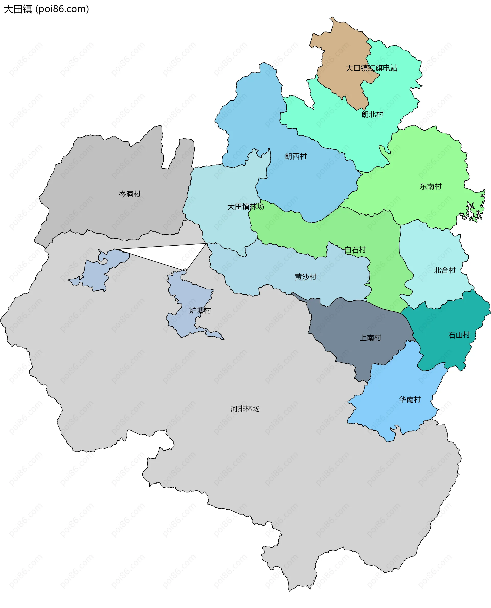 大田镇边界地图(五级行政区划)