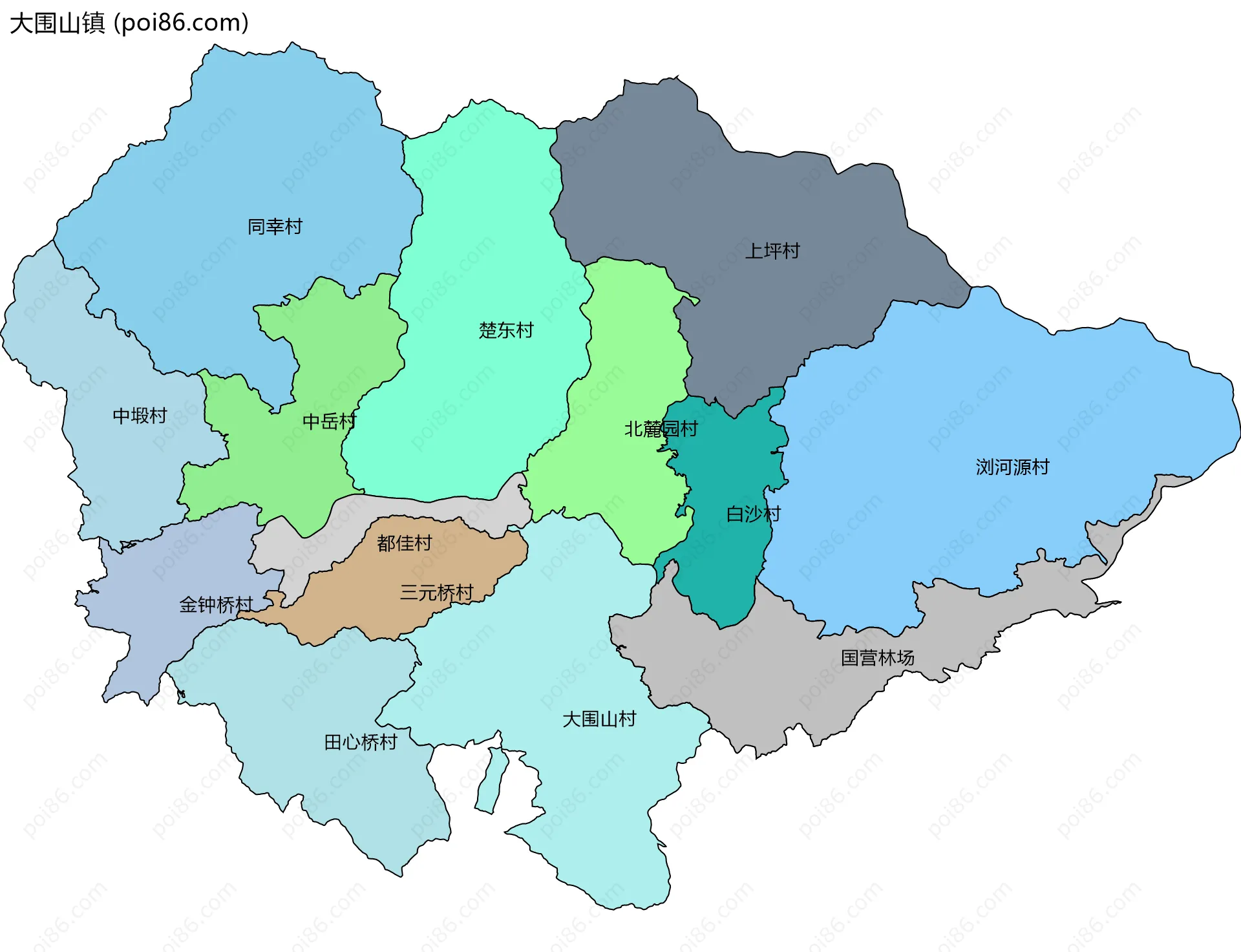 大围山镇边界地图(五级行政区划)