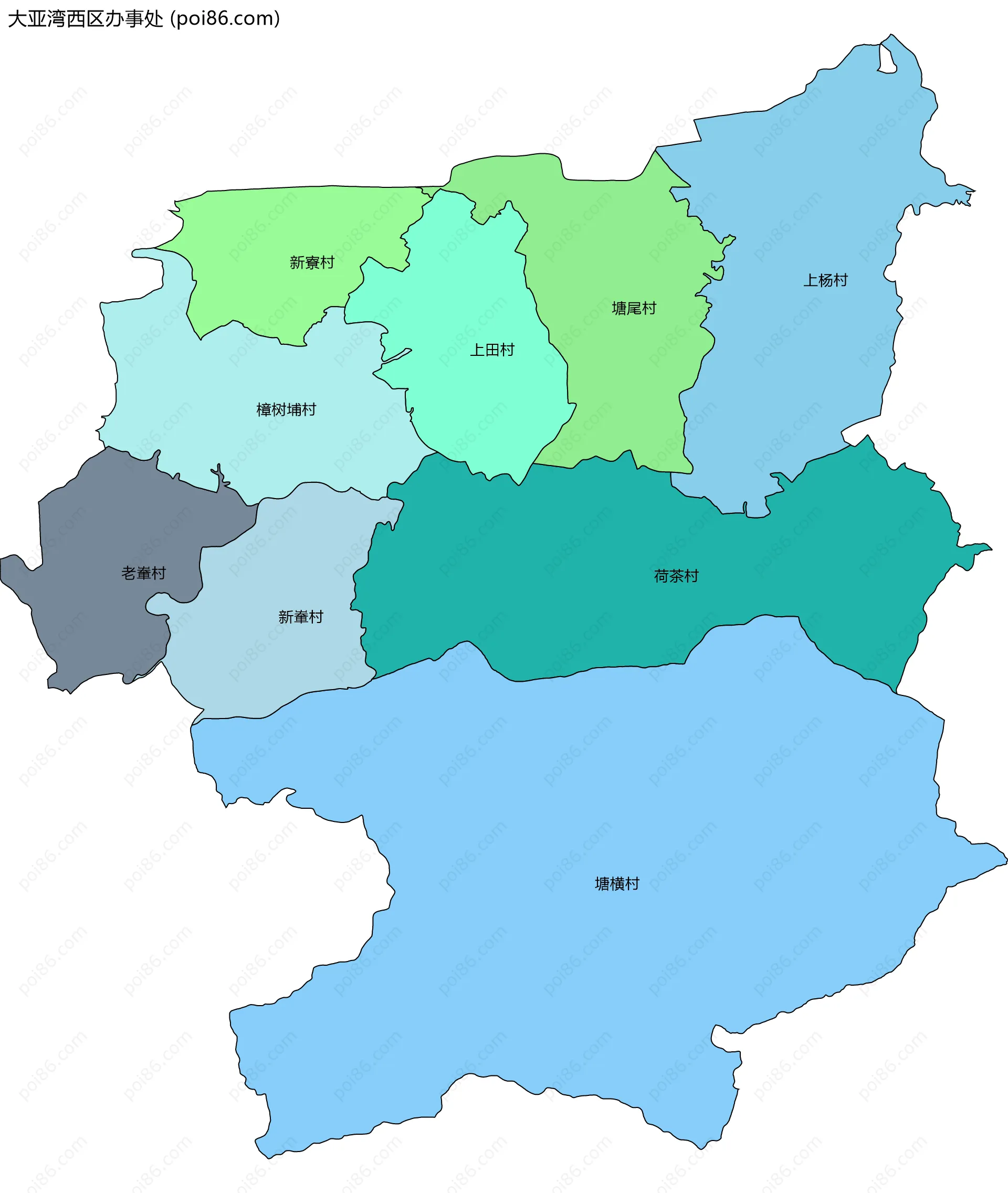 大亚湾西区办事处边界地图(五级行政区划)