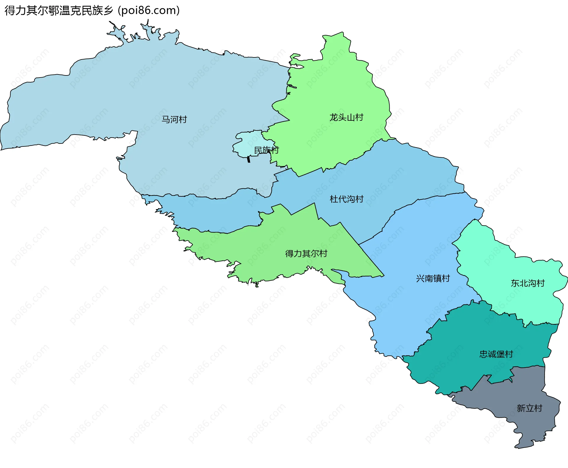得力其尔鄂温克民族乡边界地图(五级行政区划)