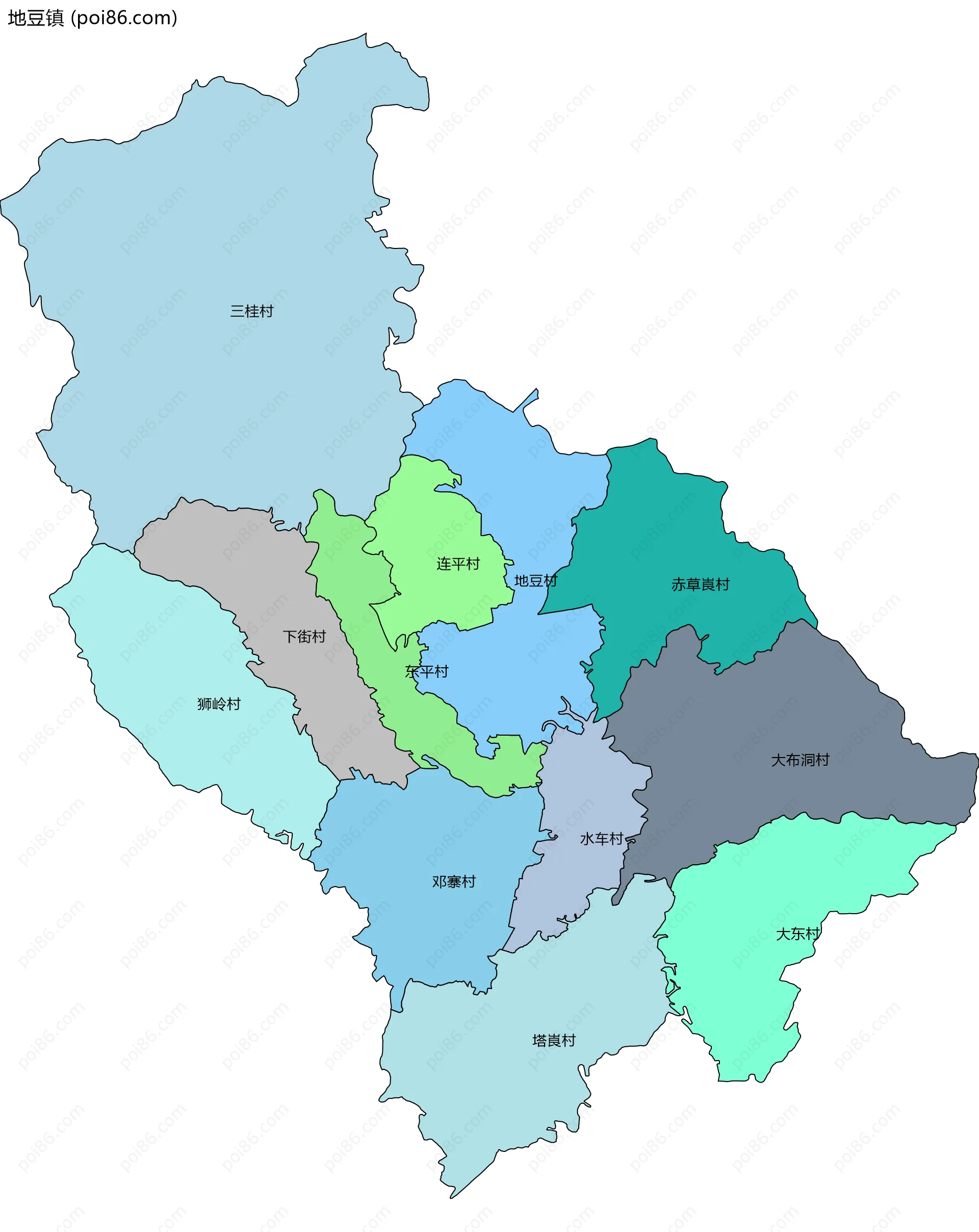 地豆镇边界地图(五级行政区划)