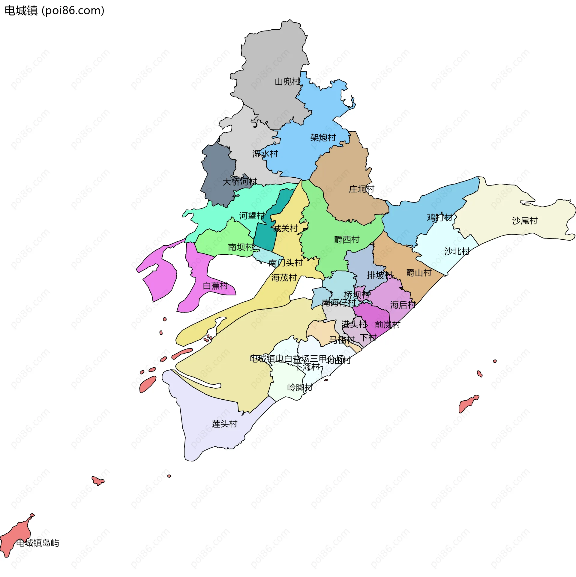 电城镇边界地图(五级行政区划)