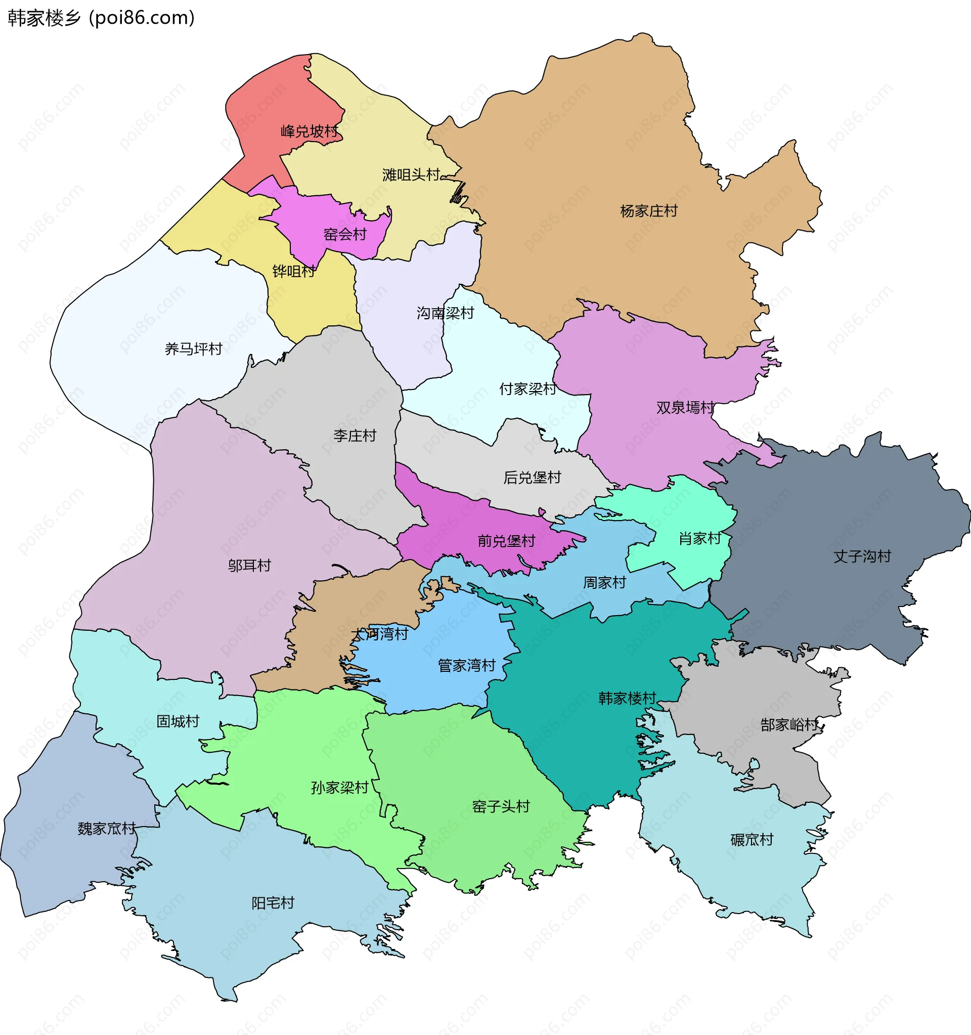 韩家楼乡边界地图(五级行政区划)