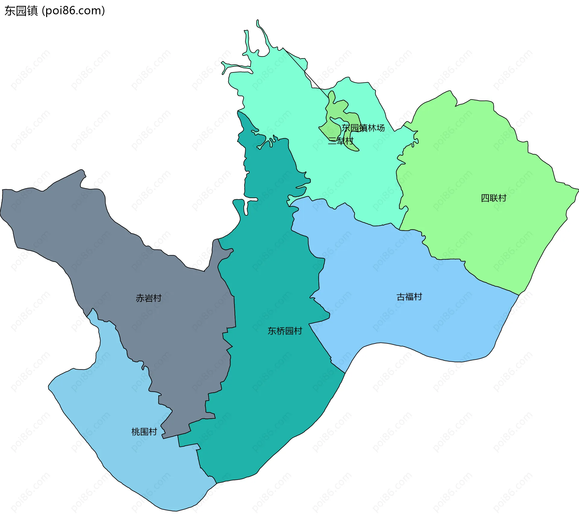 东园镇边界地图(五级行政区划)