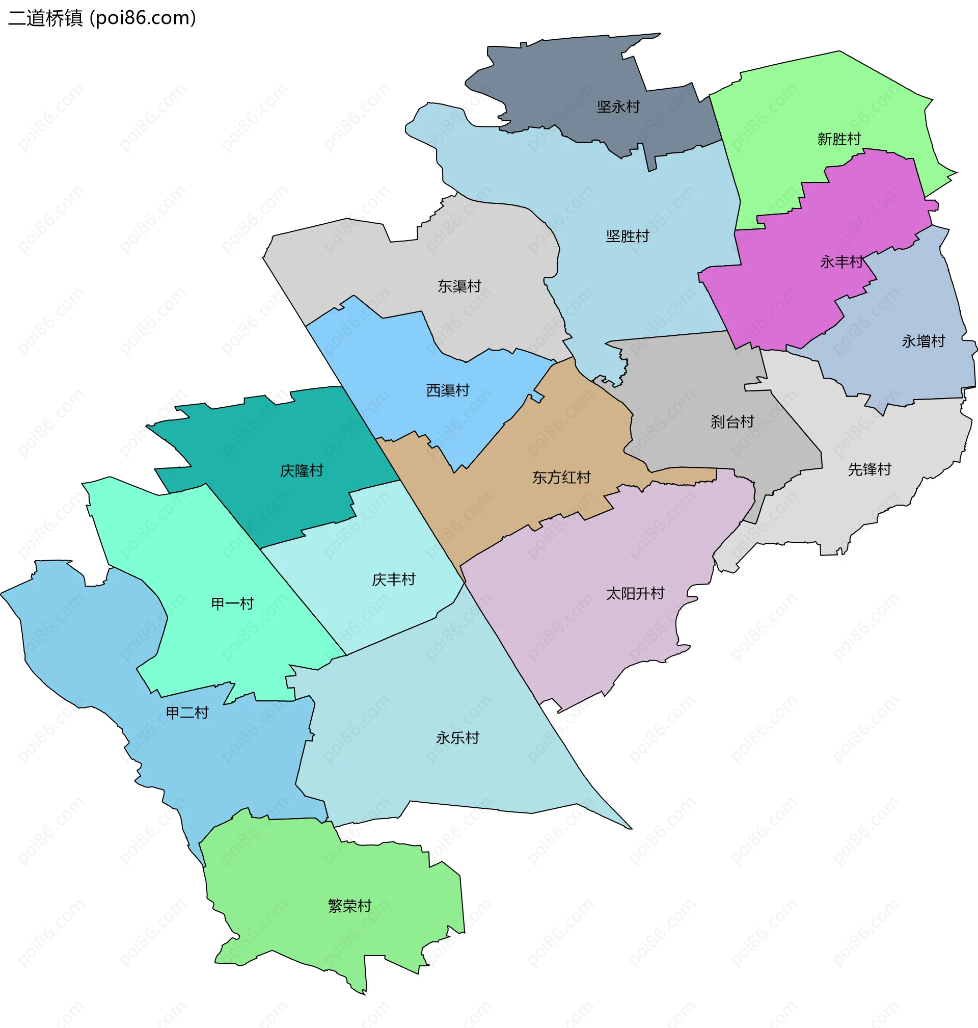 二道桥镇边界地图(五级行政区划)