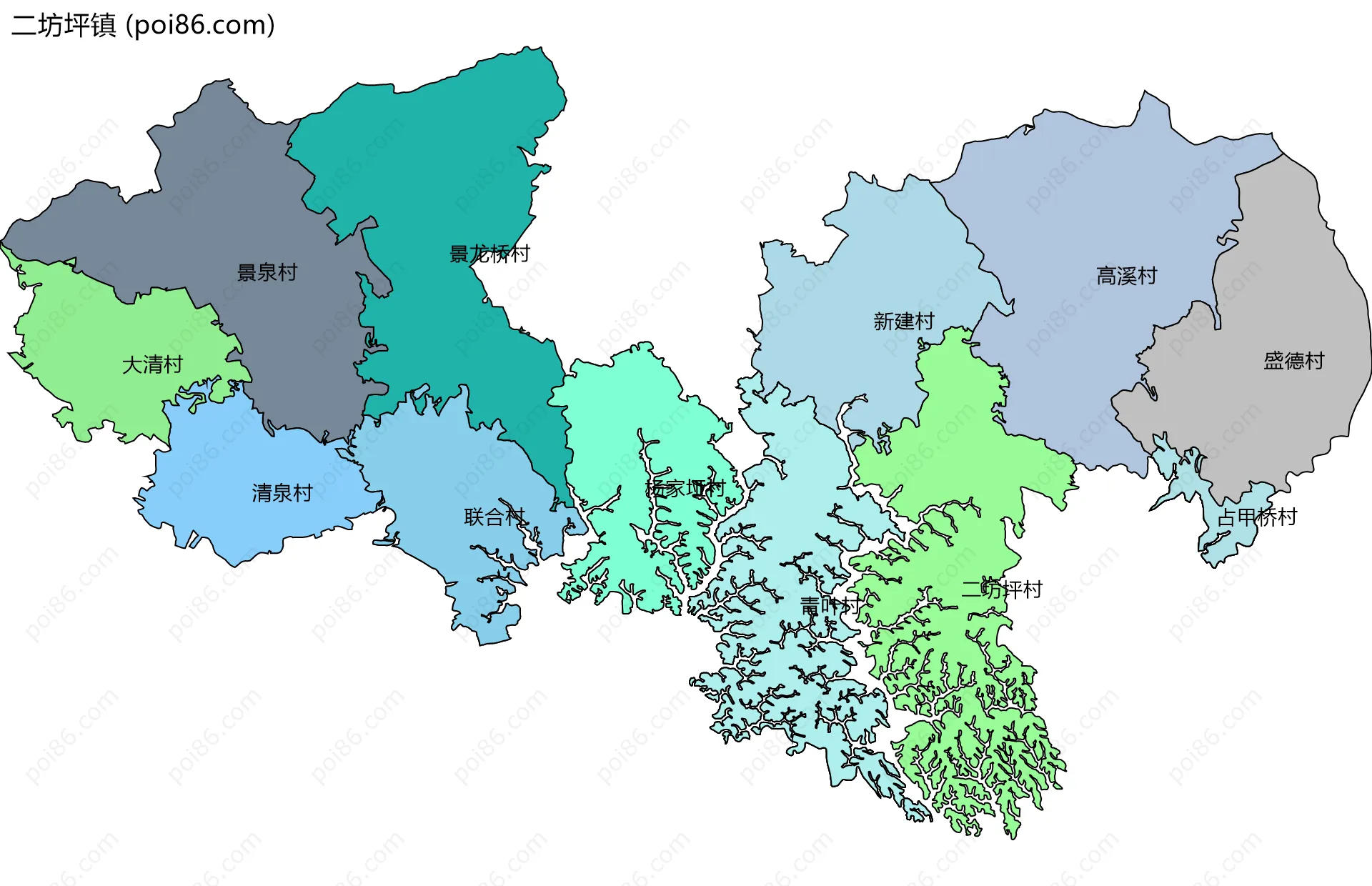 二坊坪镇边界地图(五级行政区划)