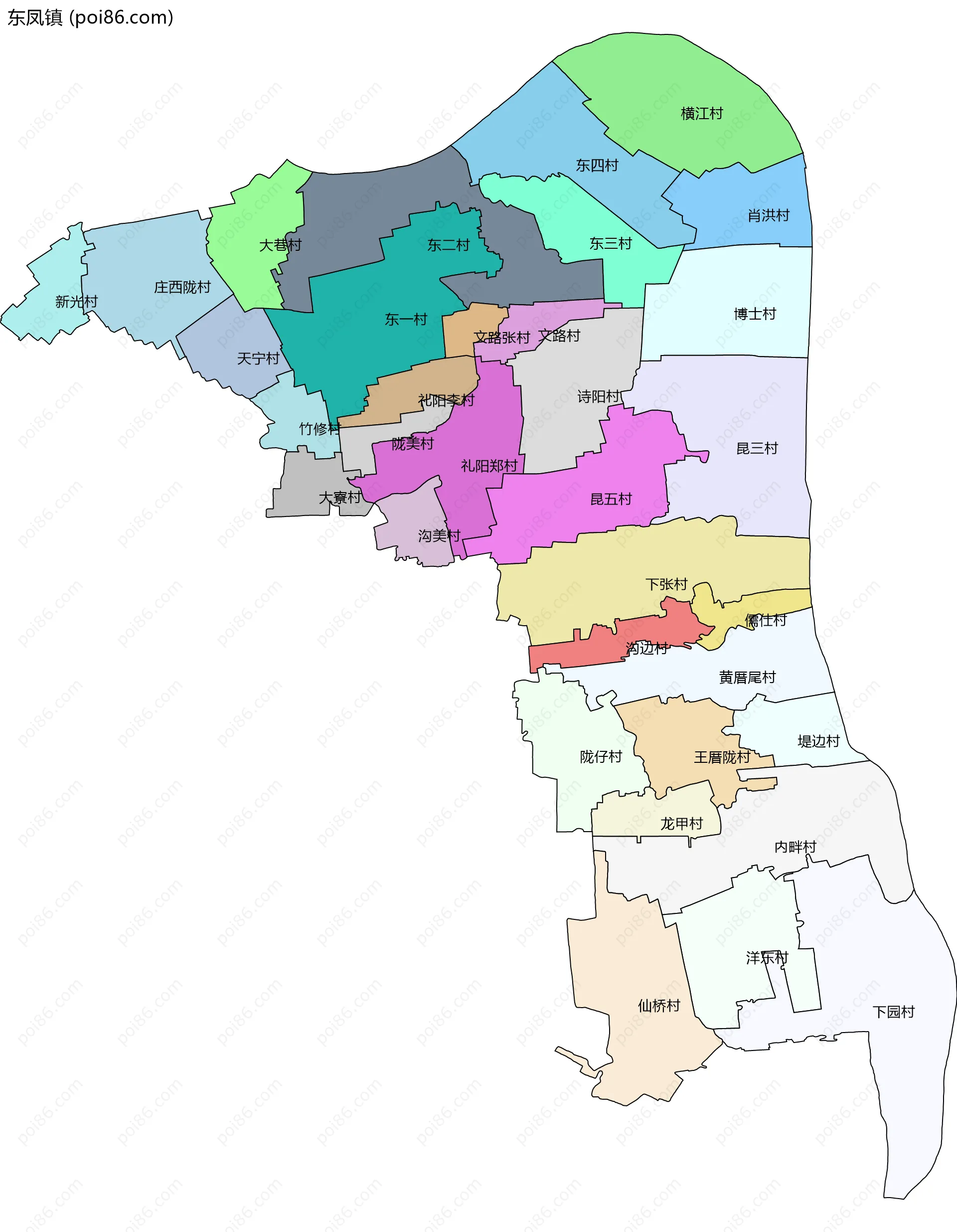 东凤镇边界地图(五级行政区划)
