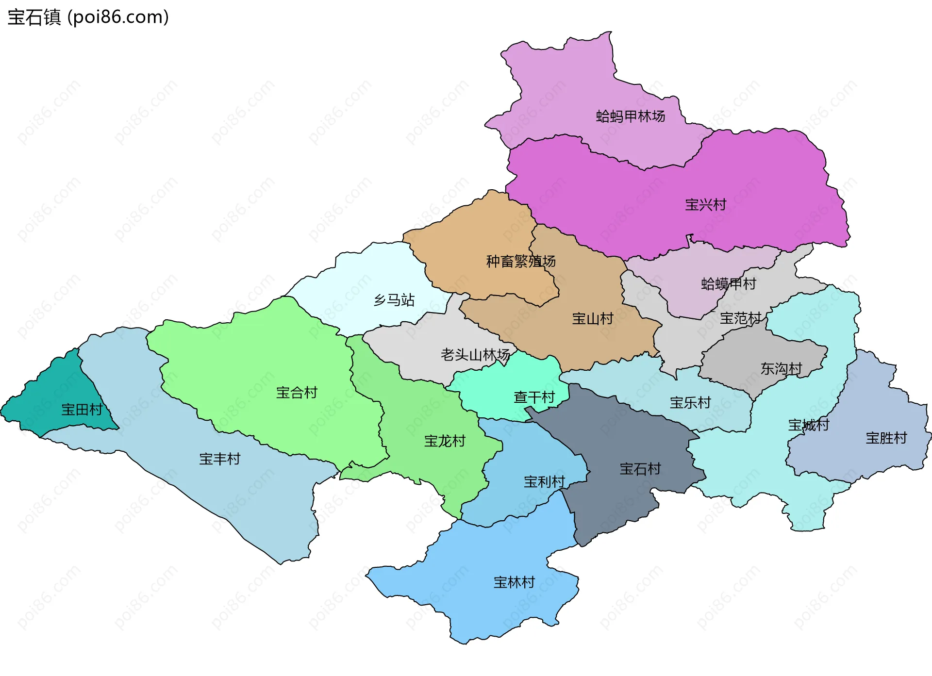 宝石镇边界地图(五级行政区划)