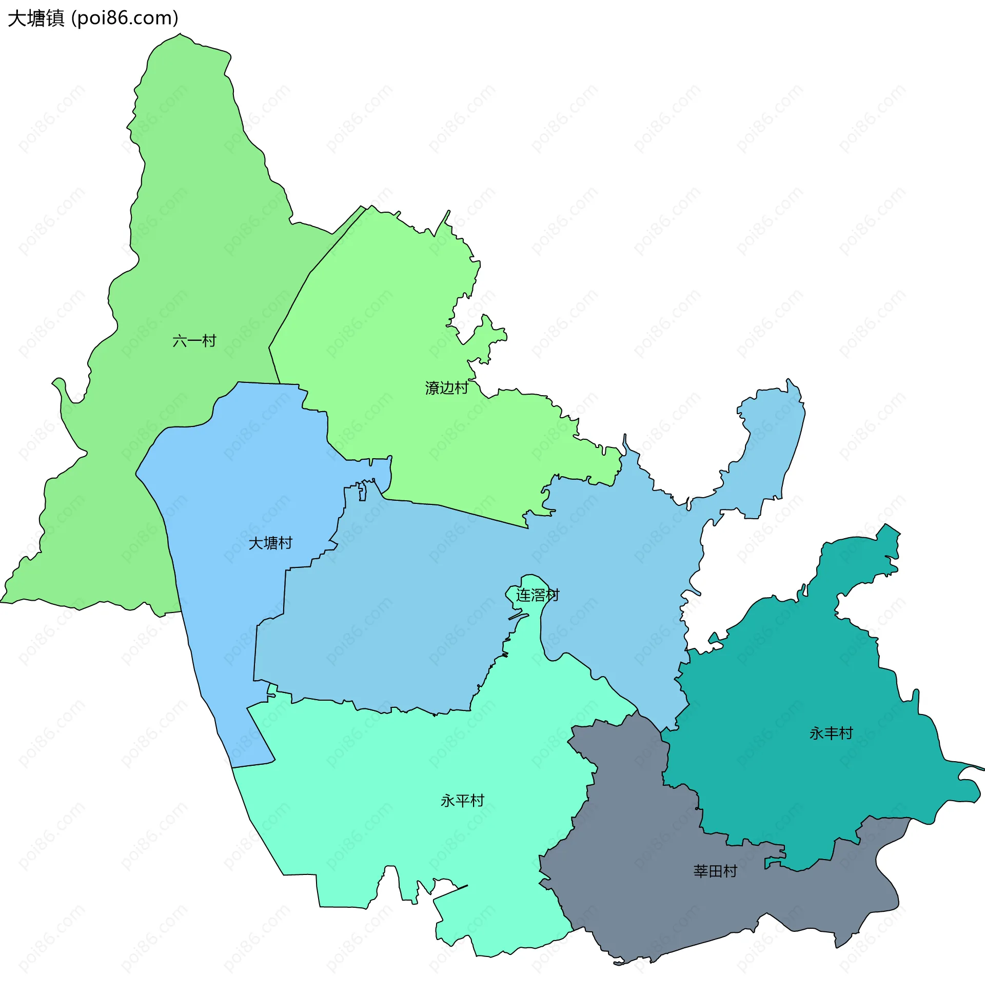大塘镇边界地图(五级行政区划)