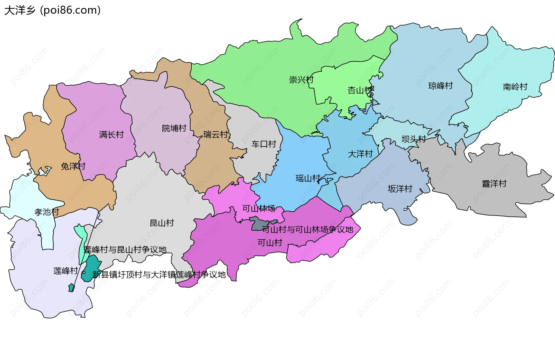 大洋乡边界地图(五级行政区划)