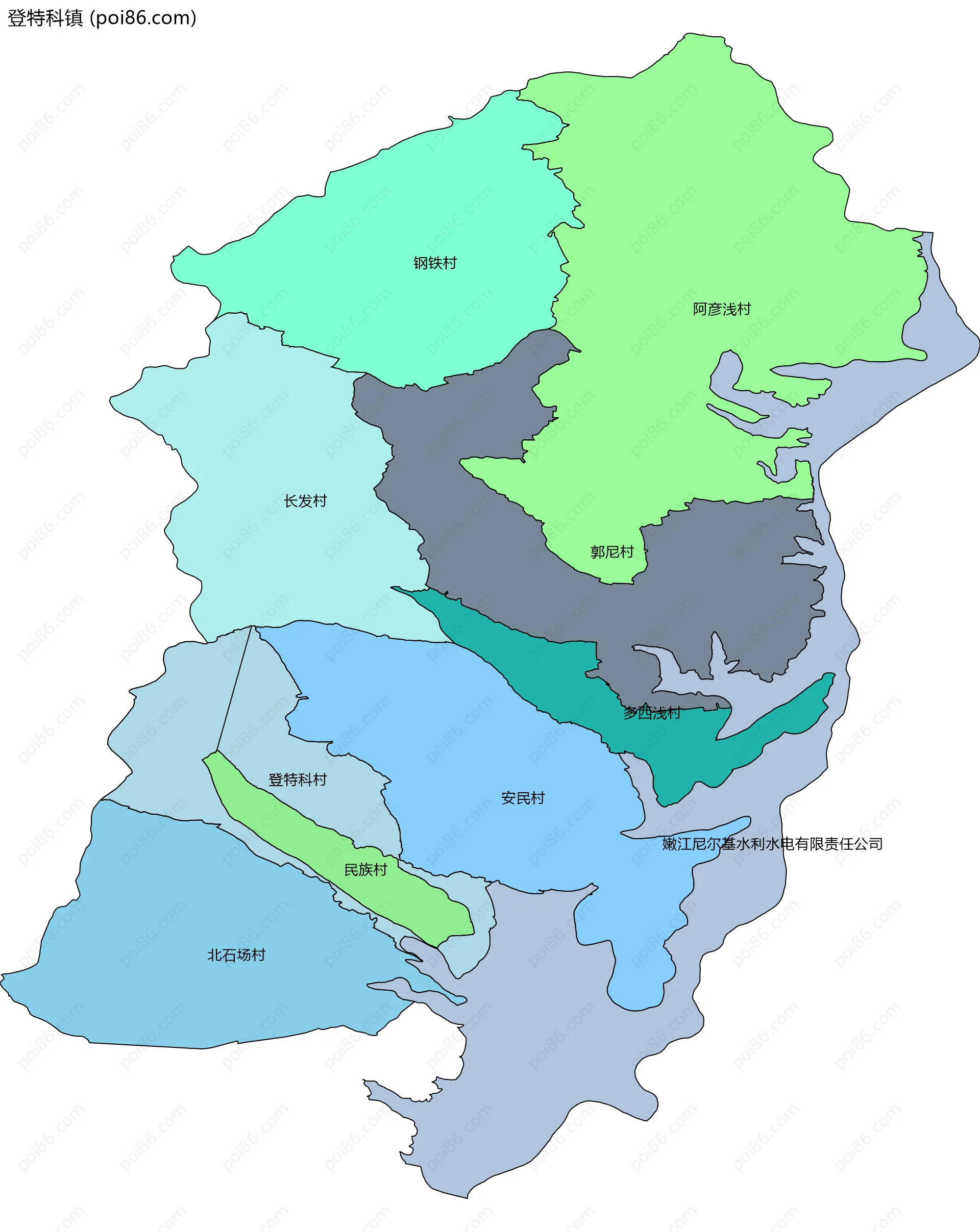 登特科镇边界地图(五级行政区划)