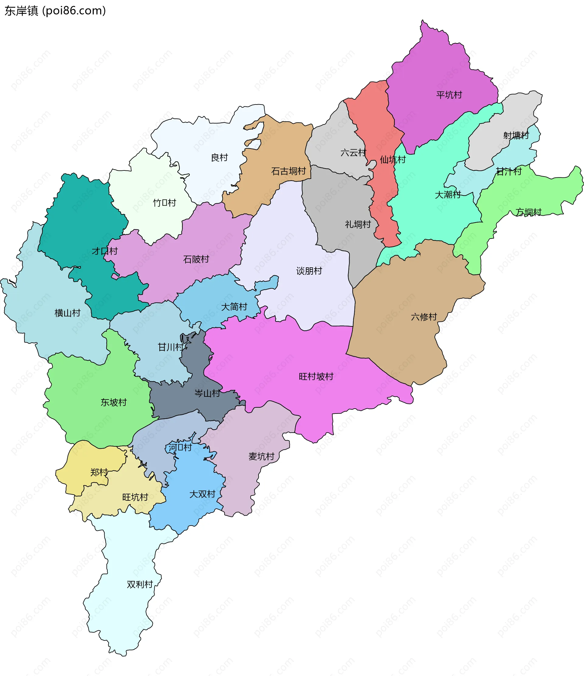 东岸镇边界地图(五级行政区划)